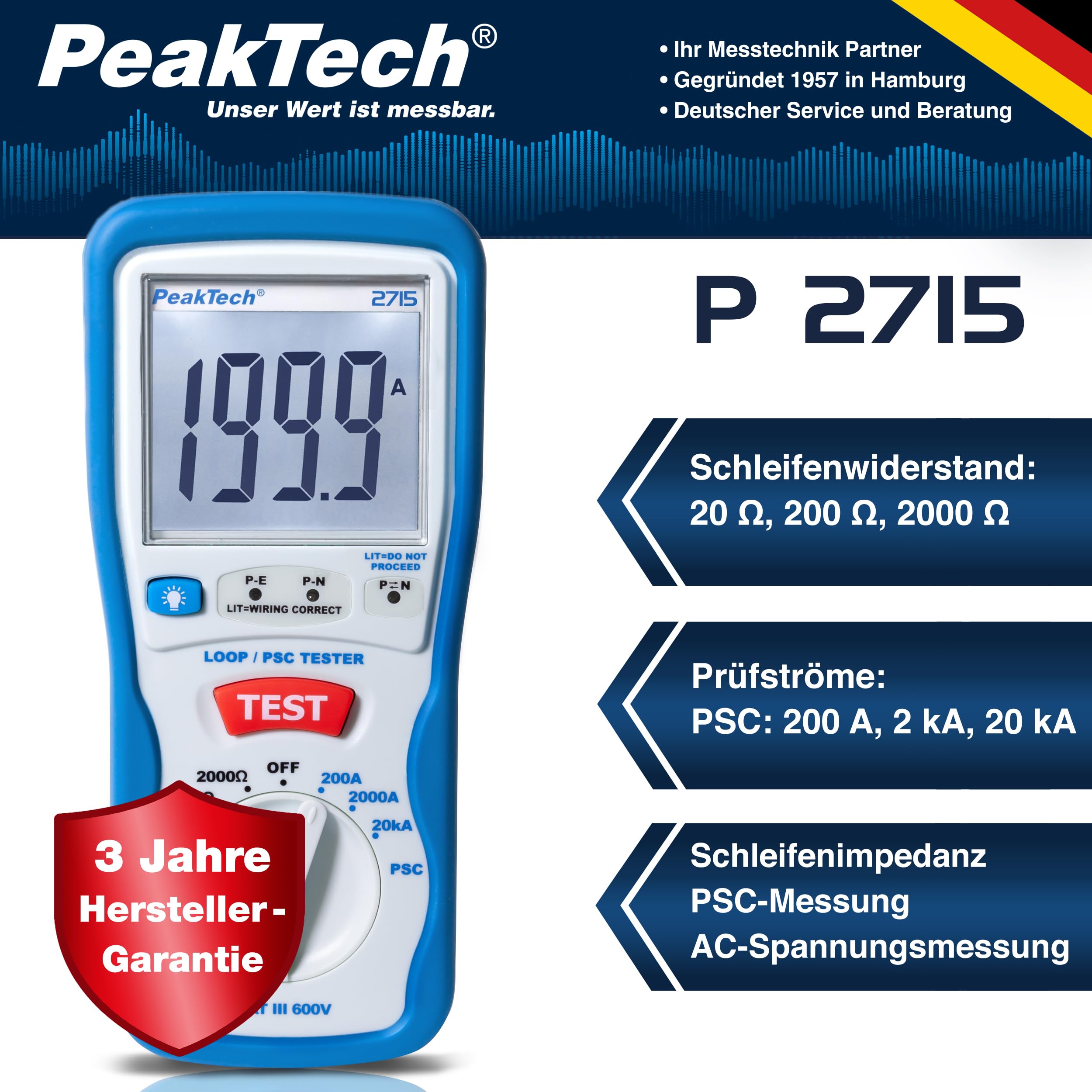 PeakTech P 2715 – Tester digitale PSC con display LCD con misurazione dell'impedenza, corrente di cortocircuito, fusibile di circuito con custodia isolata - CAT III 600 V