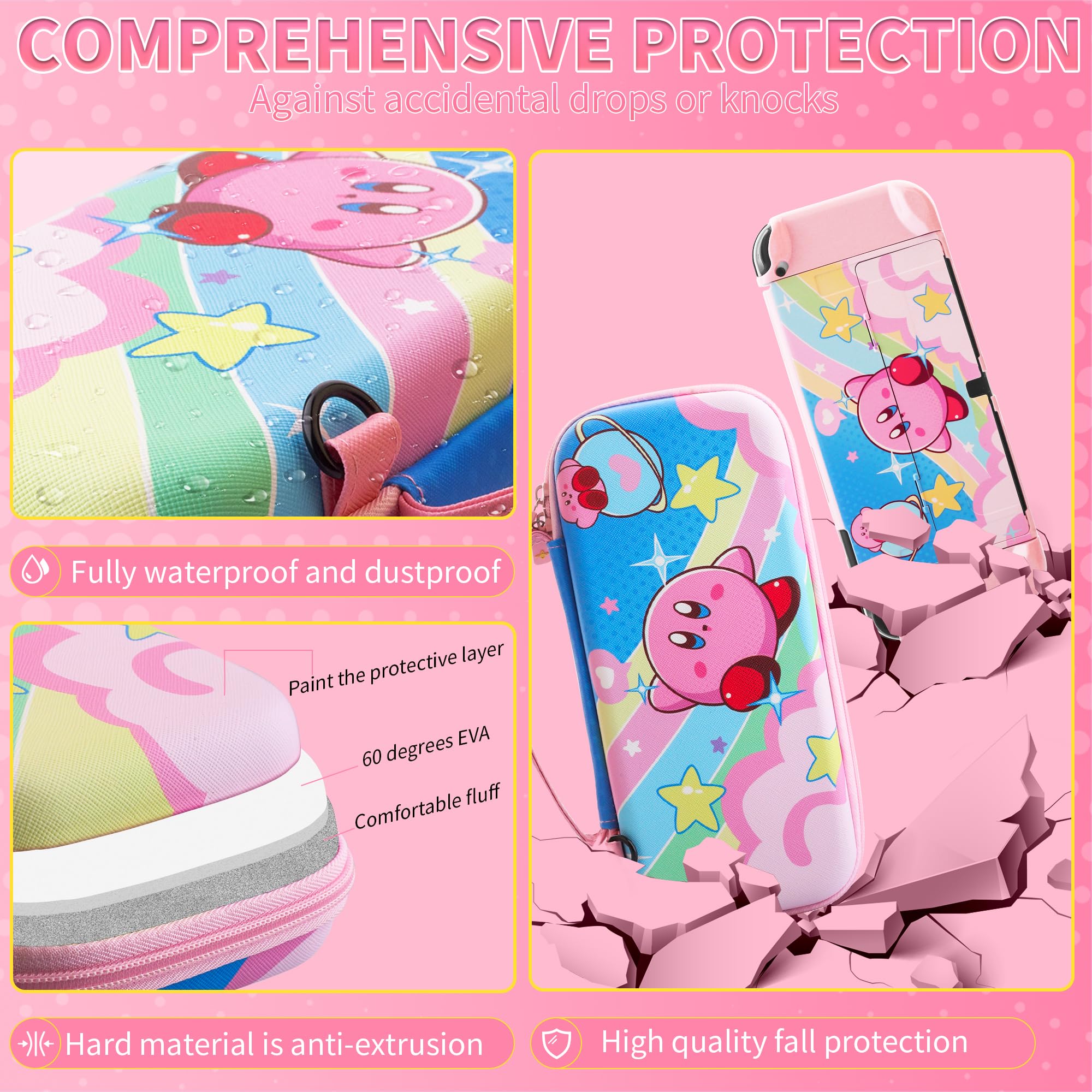 HYPERCASE Cute Anime Switch OLED Étui de transport avec sac de rangement de voyage portable de doublure rose, coque de protection rigide, protection d'écran HD, bandoulière et 2 capuchons de pouce