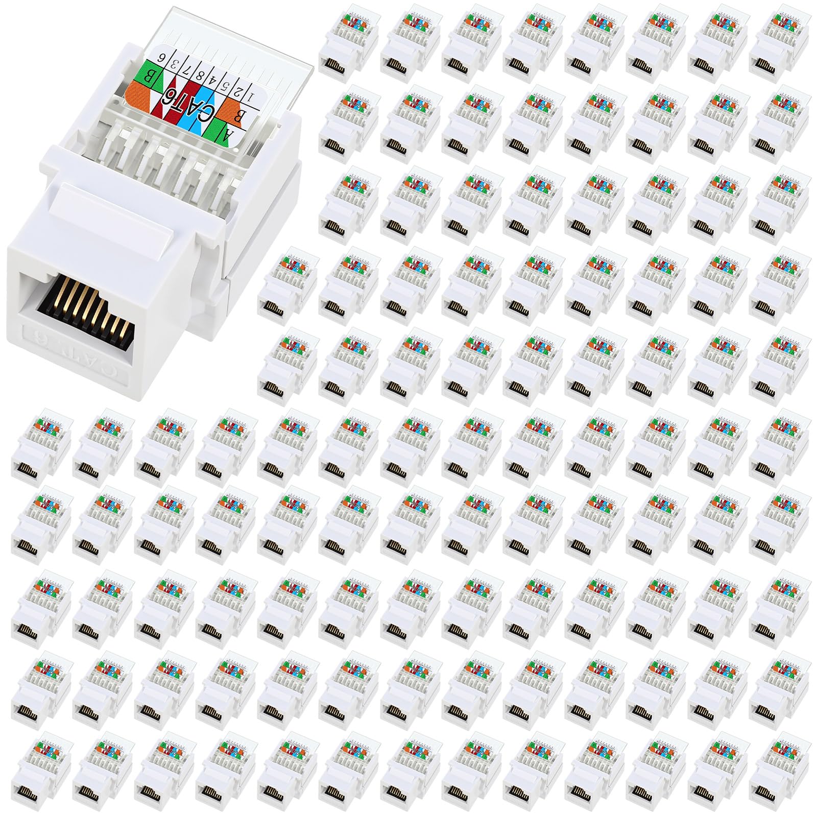 Tellegloww Paquete de 120 conectores Keystone Cat6 Rj45 a granel de 90 grados sin herramientas, puede servir como acoplador modular solo para placas de pared, no para panel de conexiones, color blanco