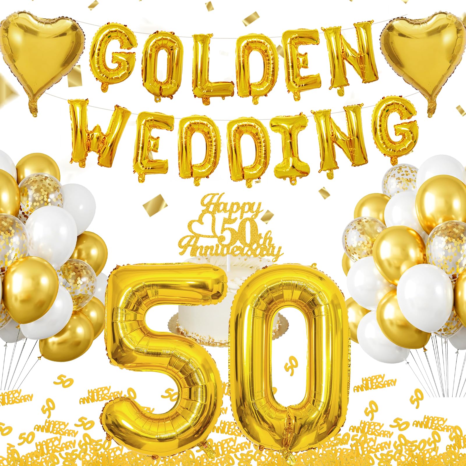WINFLUENCE Set de Decoración de Bodas de Oro, Globos de 50 Bodas de Oro, Bandera de Globos de Bodas de Oro, Decoración de Mesa de Bodas de Oro, Confeti de Oro 50 para Bodas de Aniversario, 50 de Oro