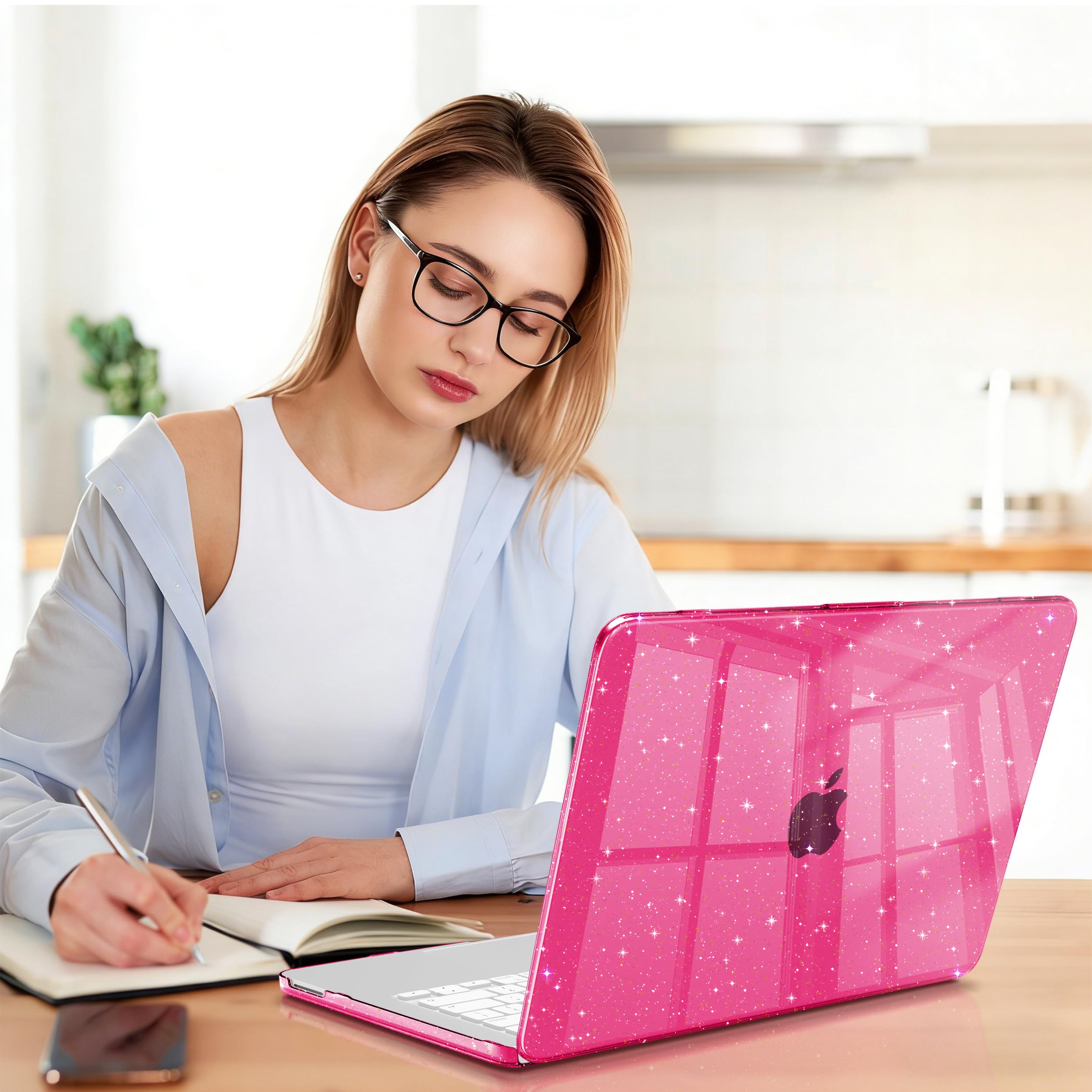 Teryeefi Gltter Schutzhülle für MacBook Neo 13 Zoll (33 cm) 2026 (A18 Pro) Modell A3404, schlanke Schutzhülle und Tastaturabdeckung & Typ-C-Adapter – Sparkly Rose Pink
