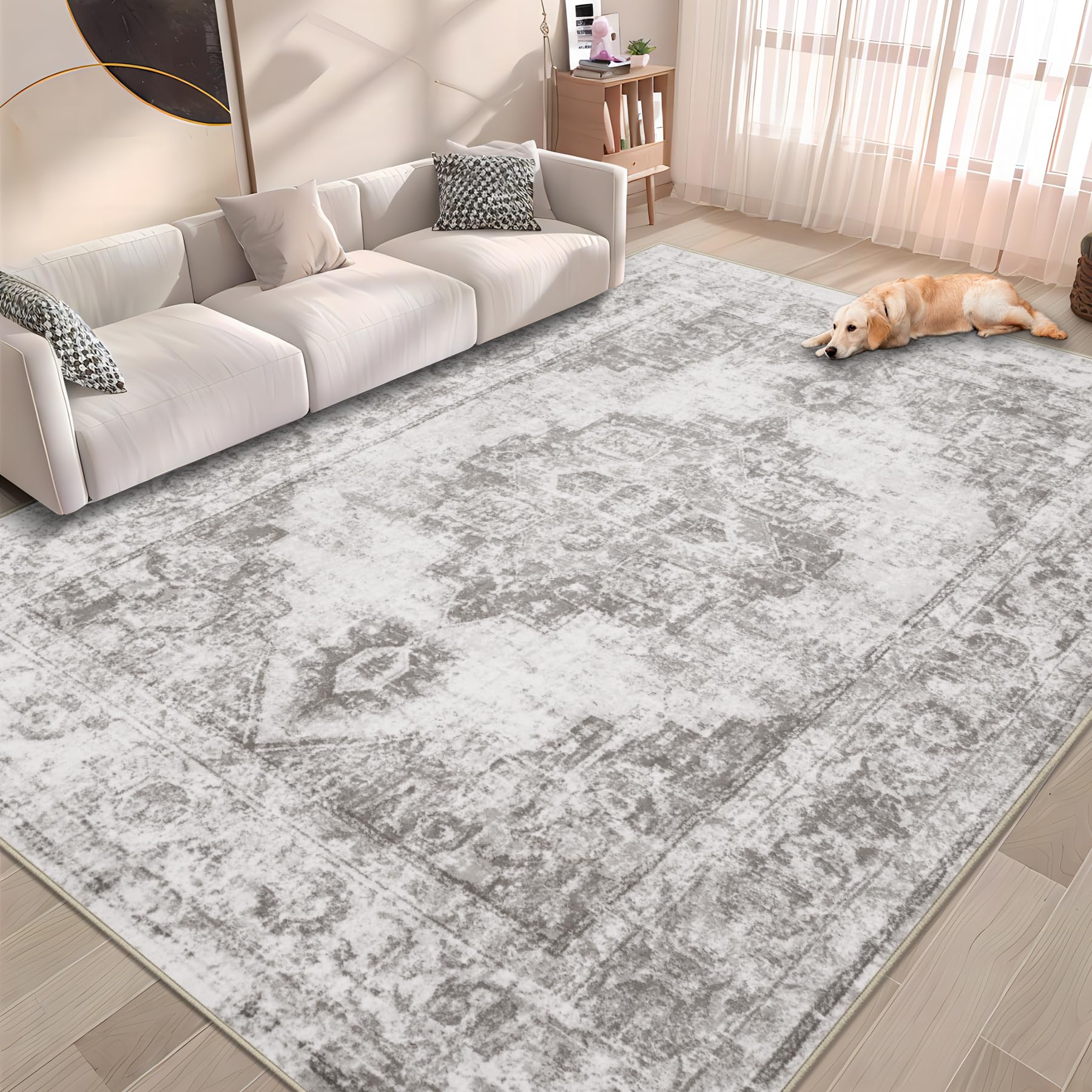 Area Rug 5x7 Vintage Rug: Washable Indoor Medallion Rug Low Pile Distressed Floor Carpet Retro Accent Rug for Living Room Bedroom Kitchen Dining Table Home Office(Grey, 5'x7')