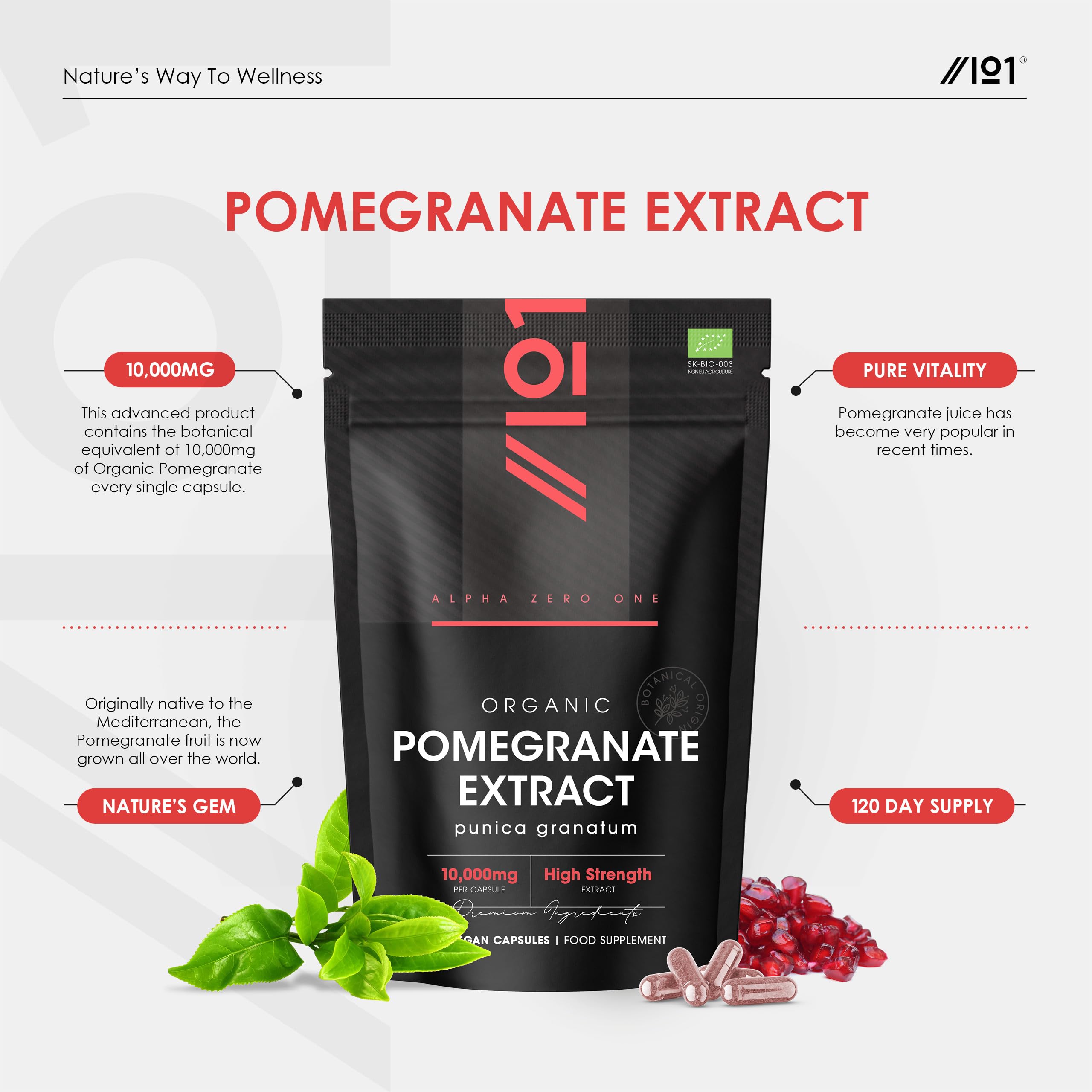 Extracto Orgánico de Granada 10.000 mg – 120 cápsulas veganas – Extracto de Punica granatum de alta potencia 40:1 – Bolsa resellable y reciclable de Alpha01