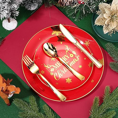 Miniatura 4 de 150 piezas de suministros para fiestas de Navidad, 30 platos de Navidad de plástico, 30 platos de postre desechables, 30 cuchillos, 30 tenedores, 30