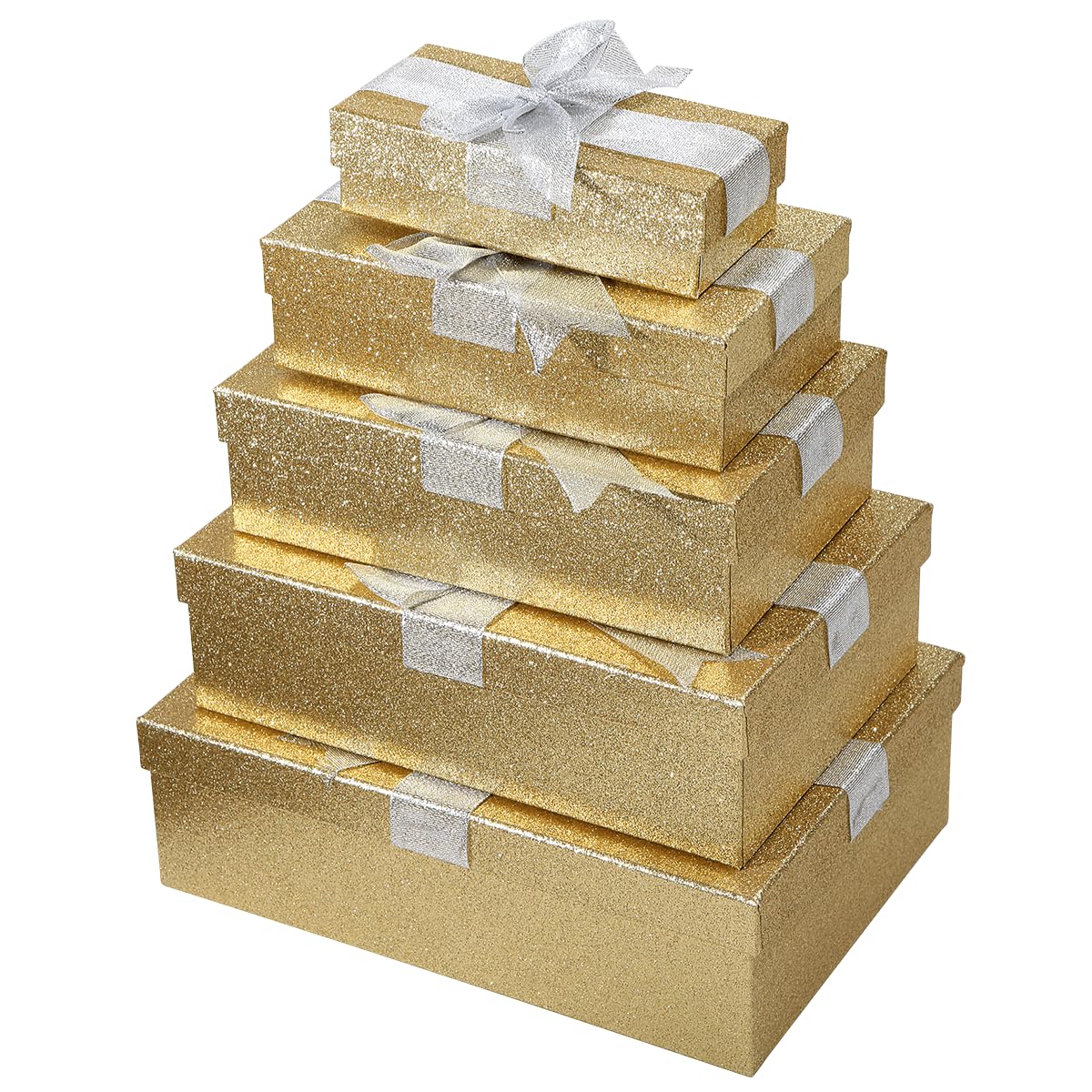 Geschenkboxen-Set mit Schleifen 5 Stück Gold glitzernd von 17 x 8 x 5 cm bis 30 x 21 x 9 cm (L x B x H) Geschenkverpackung Aufbewahrung