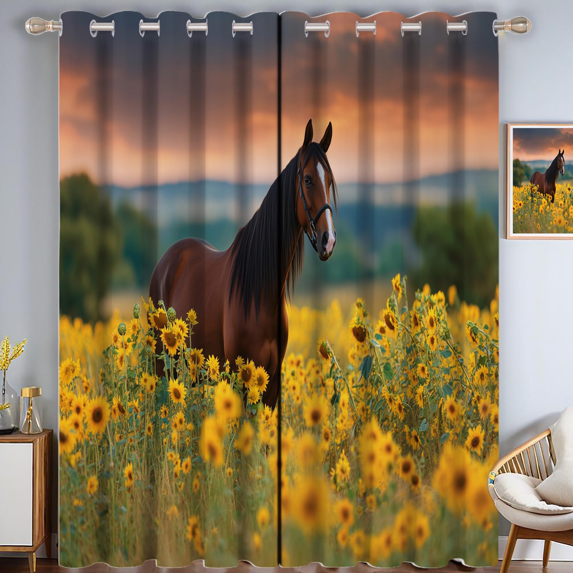 Rideau pour chambre contre le vis-à-vis | Rideaux jaunes à oeillets 140x260 cm paysage et cheval