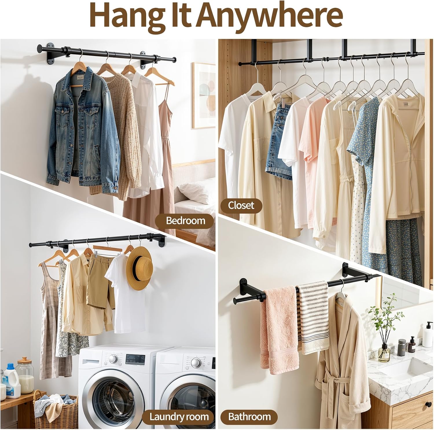 Luxspire Wall Mounted Clothes Rack, Industrial Pipe Clothing Rack, 28" Heavy Duty Extendable Iron Garment Bar, Multi-Purpose Hanging Rods for Clothes Bedroom, Laundry Room, Closet 1 Pack, Black