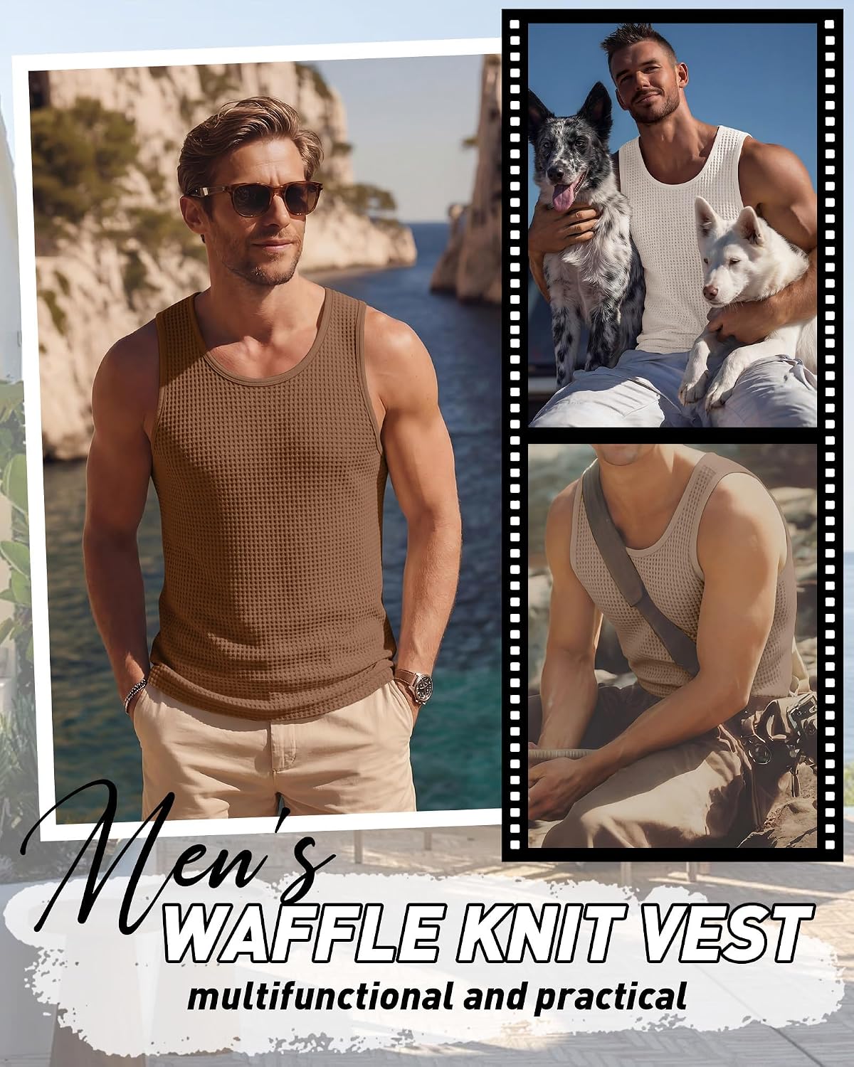 Riyiper 3 Pack Men's Waffle Knit Tank Tops Casual Sleeveless Shirts Classic Beach Tank T-Shirts Summer Loose Muscle Shirts