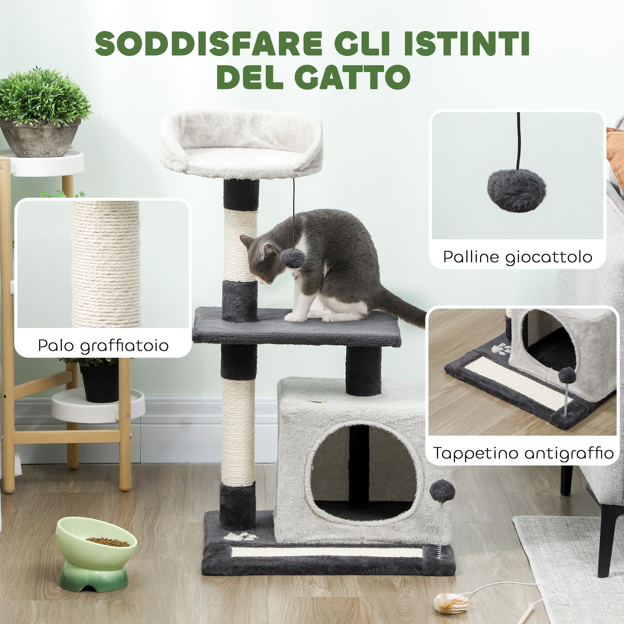 PawHut Albero Tiragraffi per Gatti Alto 85 cm, Torre per Gatti e Gattini con Casetta, Lettino Superiore, Pallina, Pali in Sisal e Tappetino Tiragraffi, Grigio Chiaro