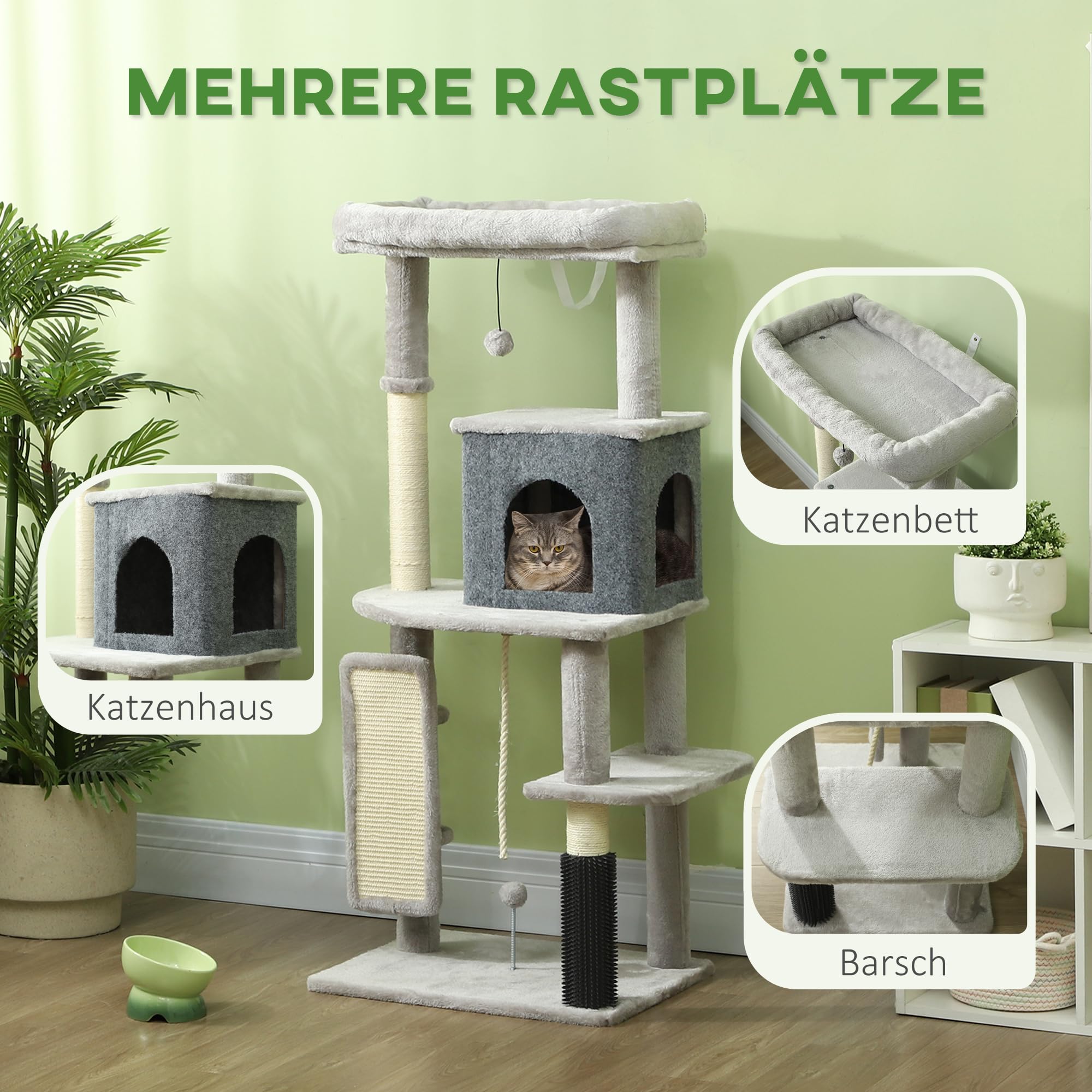 PawHut Drapak 132 cm, wielopoziomowy drapak dla kota z legowiskiem dla kota, łóżkiem, drapak dla kota z sizalowymi kolumnami, deska do drapania, pluszowe piłki, meble dla kotów do 6 kg, jasnoszary