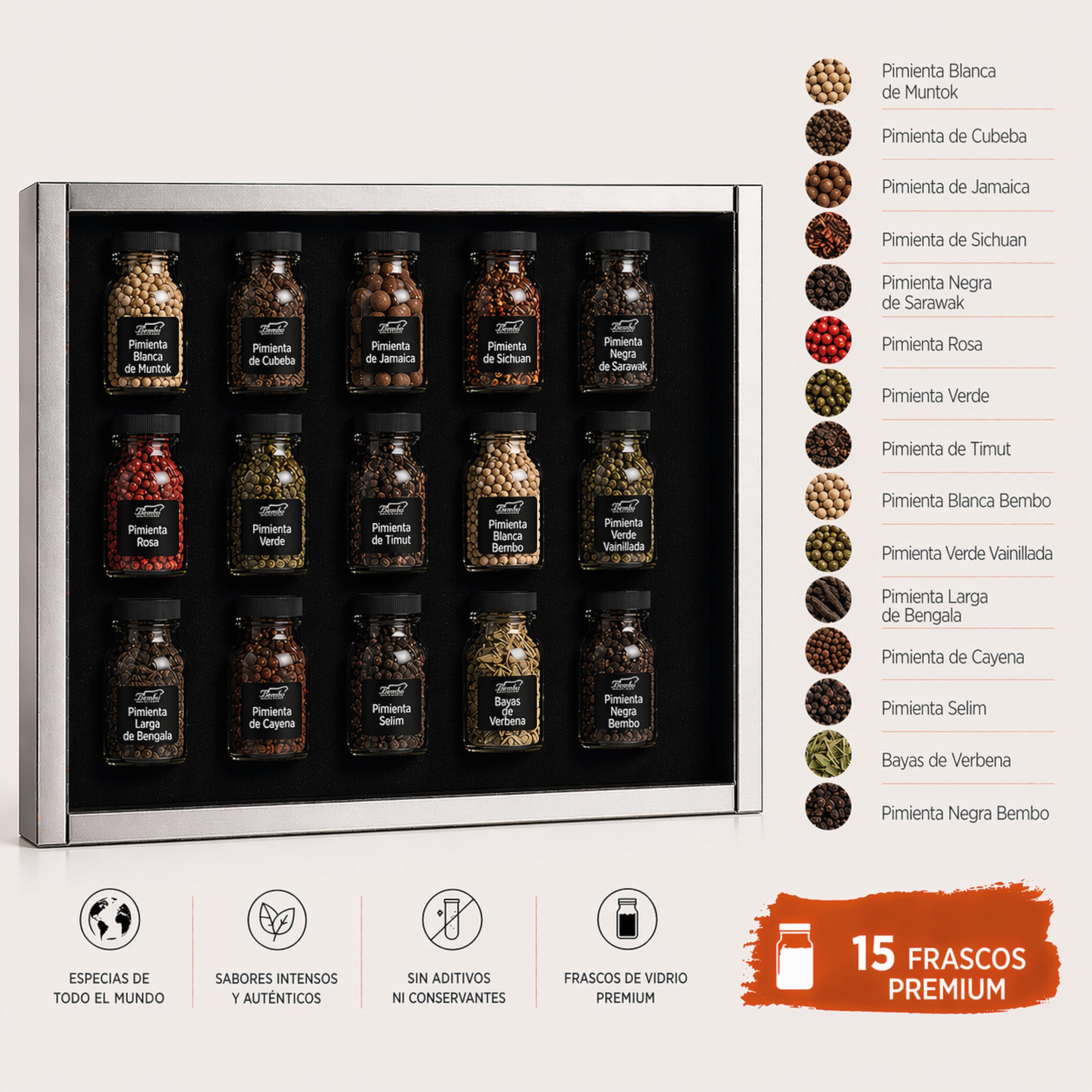 Bembo Set Regalo con 15 Pimientas del Mundo – Colección de Degustación - | 15 pimientas para observar, tocar, oler, probar y comparar. Un viaje sensorial para descubrir sus aromas y sabores.