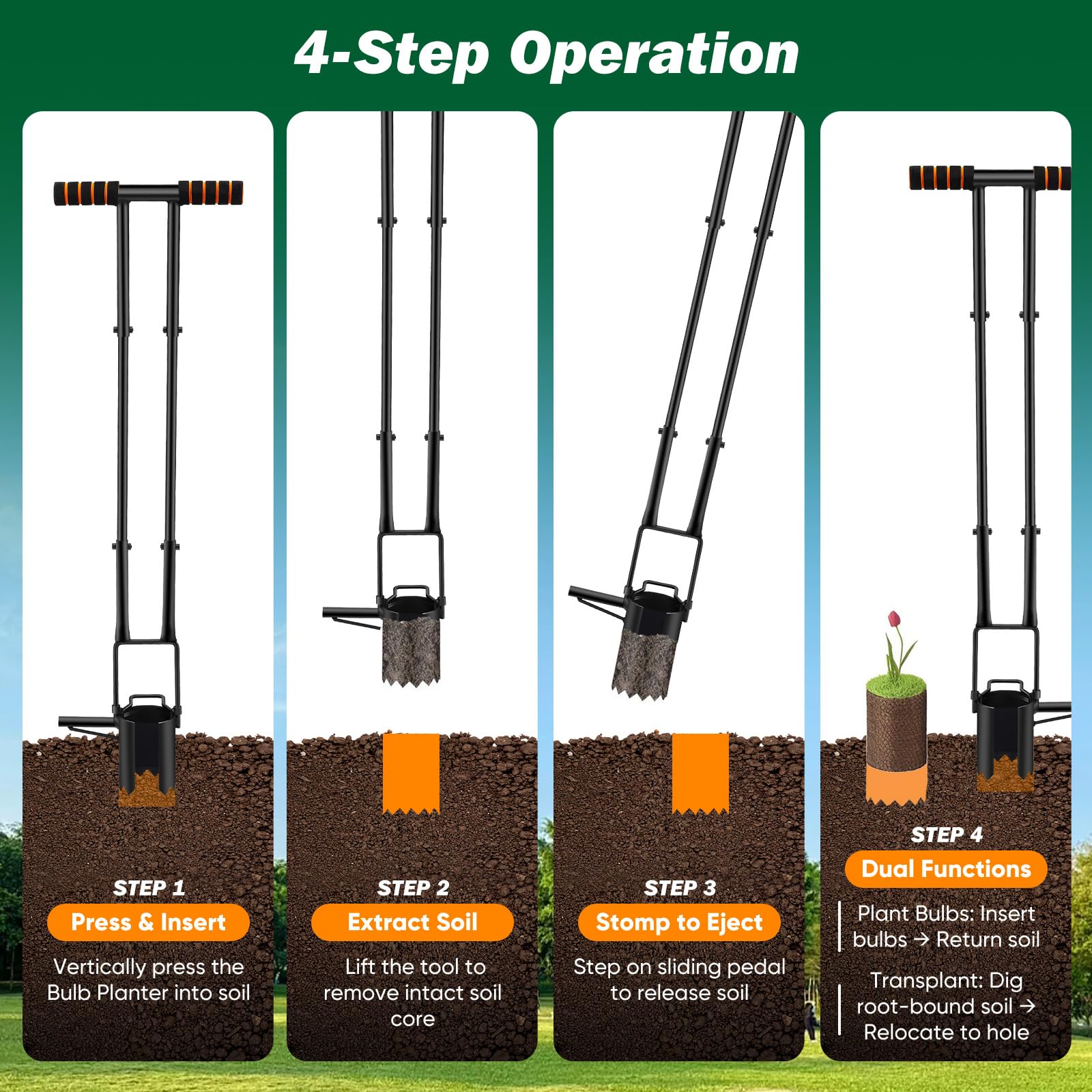 5 en 1 Griffe de Jardin avec Manche avec repose-pieds coulissant pour pousser facilement le sol, transplanter des fleurs,échantillonner de terre, transplanter, plantes à fleurs