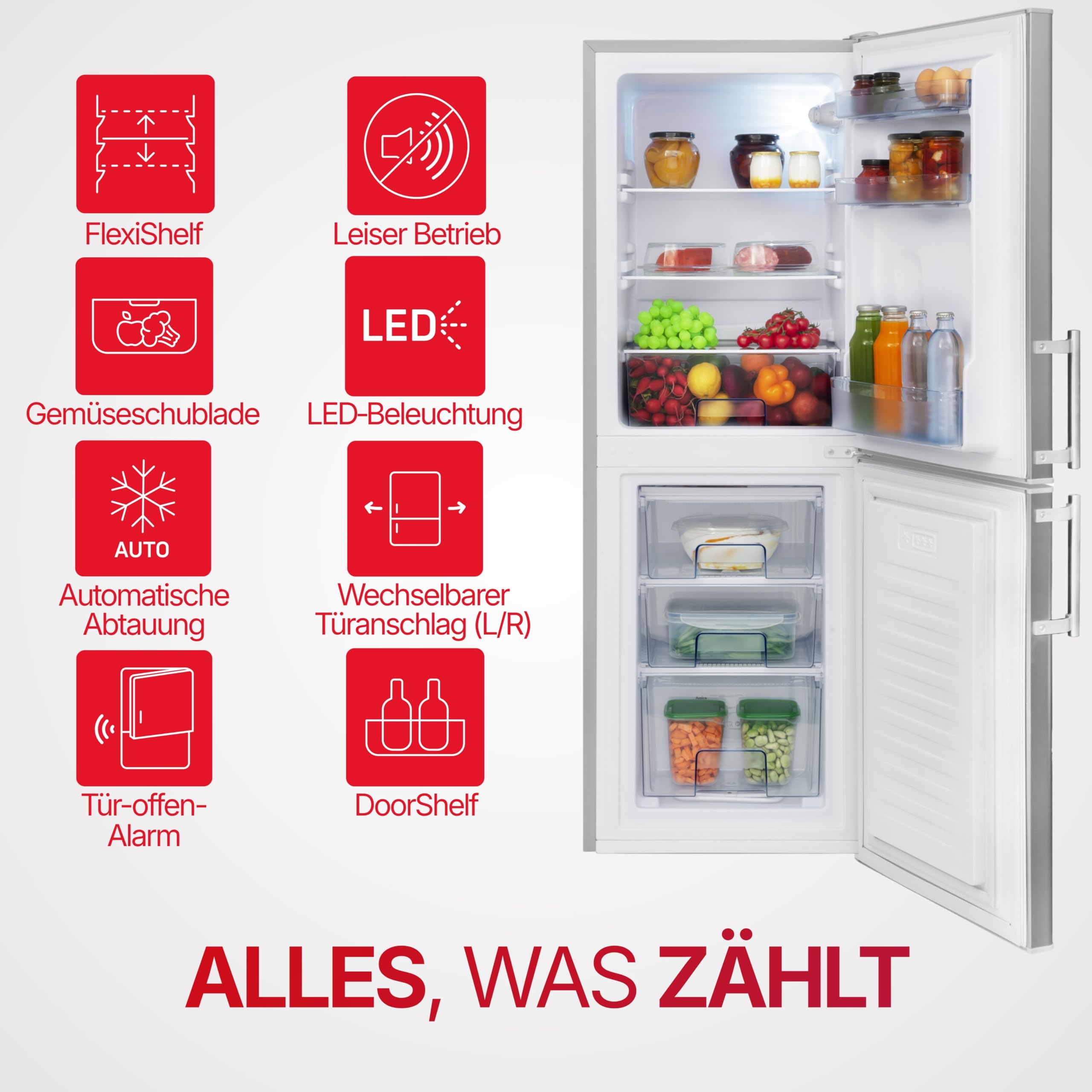 Amica Kühl-Gefrierkombination 138 L 148x52x59 cm KGC 384 111 E | 93 L Kühlteil, 45 L Gefrierteil, Automatische Abtauung, LED Beleuchtung, Gemüseschublade, 3 Gefrierschubladen, Eiertablett