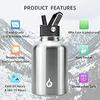 Vista 218 de BJPKPK - Botellas de agua aisladas con tapa de popote, botellas de agua de acero inoxidable de 40 onzas con 3 tapas, termo a prueba de fugas libre