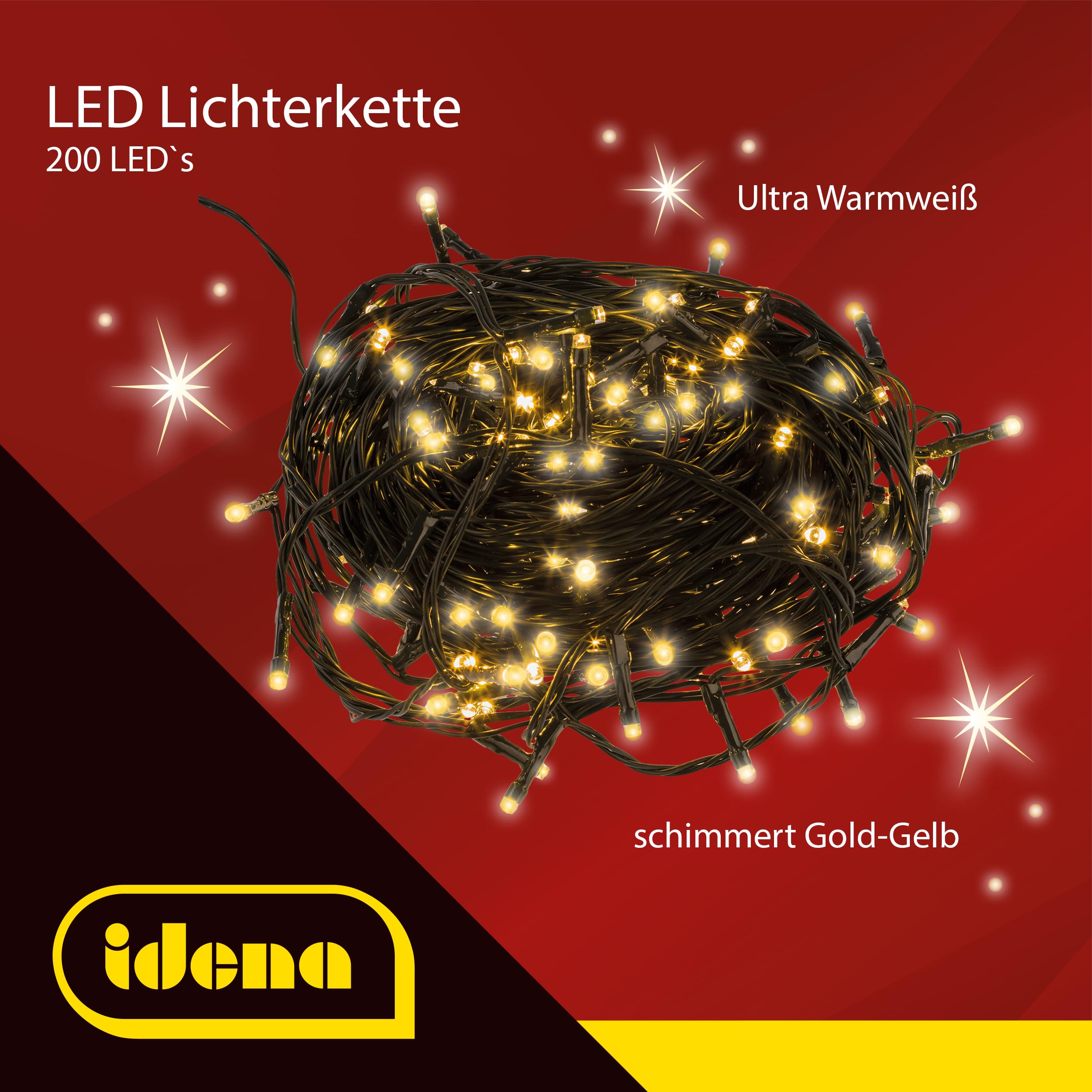 Idena 31805 - Lampki choinkowe LED z 200 diodami LED w ultra ciepłej bieli, do użytku na zewnątrz i wewnątrz, testowane przez TÜV i GS, 8-godzinny timer, 29,9 m długości, dekoracja świąteczna