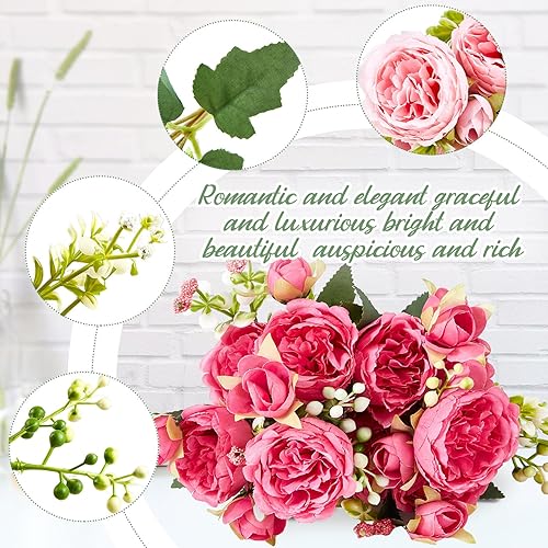 Miniatura 3 de Jexine 12 paquetes de flores artificiales de seda de peonías artificiales, ramo de peonías falsas, ramos de flores artificiales para jarrones,