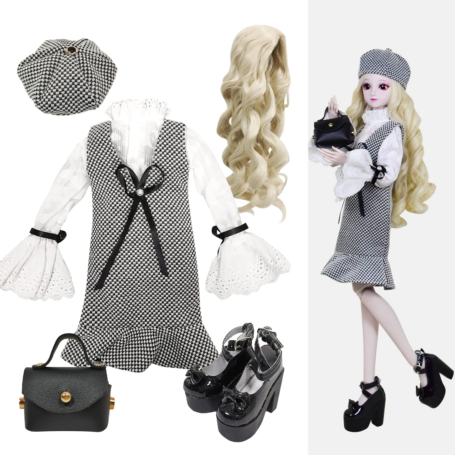 Proudoll 1/3 BJD Doll Outfit Set - Handcrafted Stylish Black & White Plaid Dress, Beret, Blouse, Wig, Leather Bag & High Heel, Compatible with 1/3 60cm 24in SD Dolls