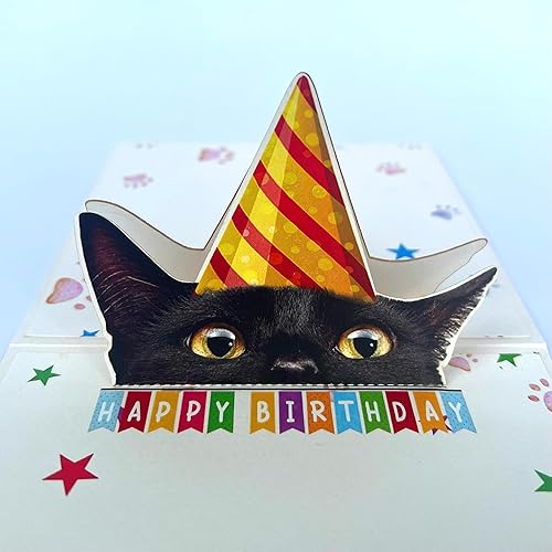Miniatura 3 de DongNaiWin Tarjeta de cumpleaños para amantes de los gatos negros, tarjeta desplegable 3D de gato negro con sobre, felicitación de feliz cumpleaños