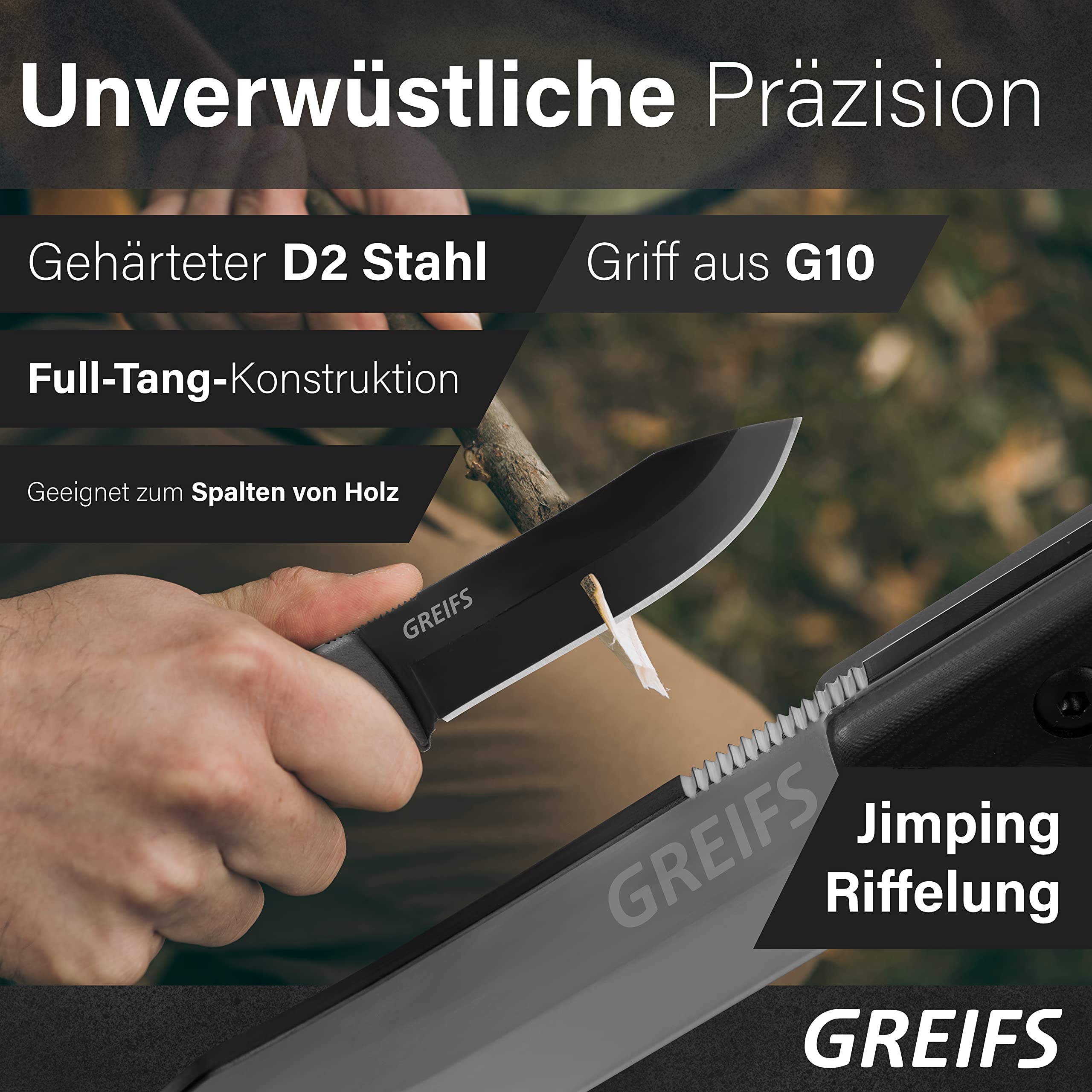 GREIFS® Outdoor-Messer aus D2 Stahl mit Kydex Holster und Feuerstahl, edles Survival Messer für die Bushcraft Ausrüstung, Jagdmesser, Schnitzmesser, Fahrtenmesser (Milan/Schwarz)