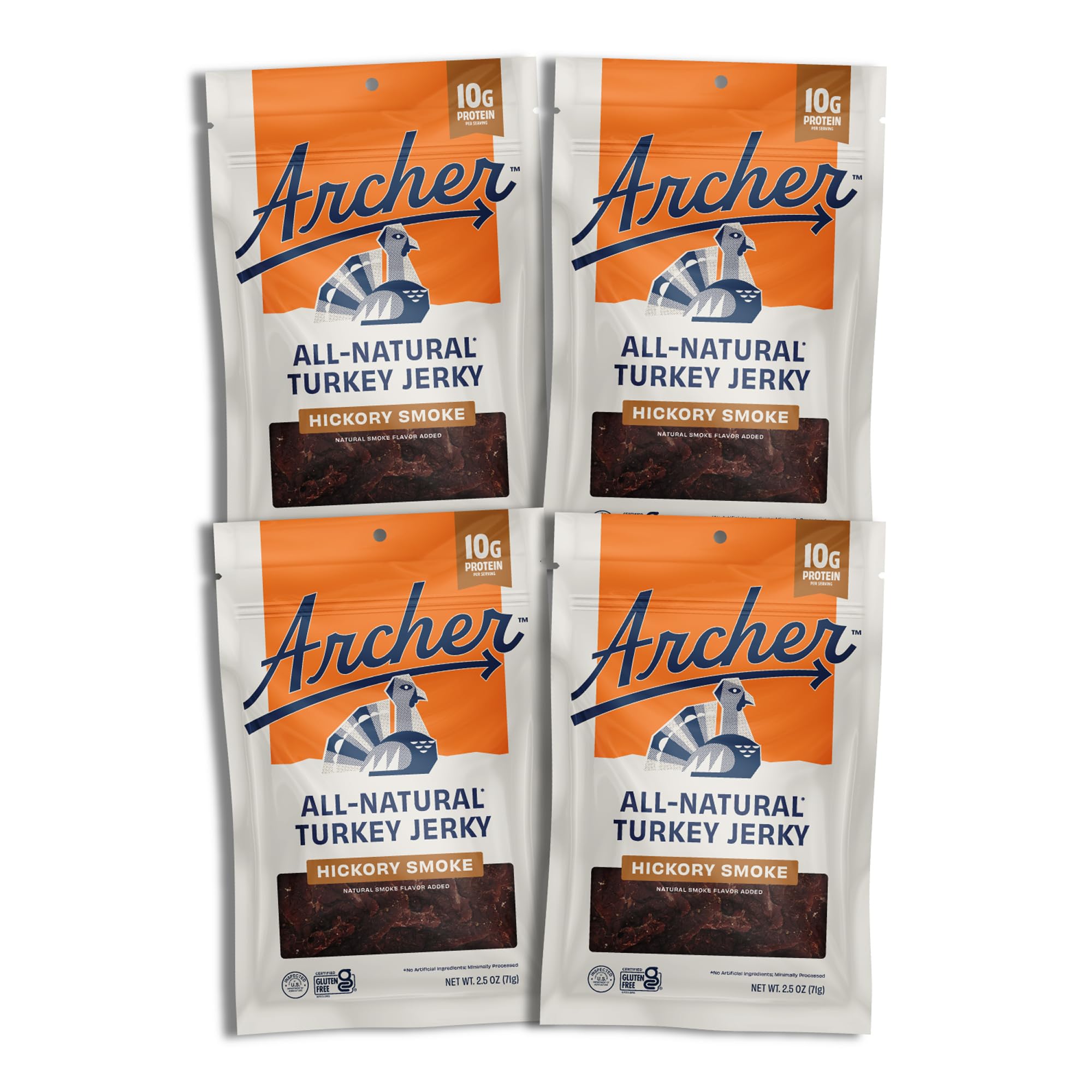 Archer Jerky Turkey Jerky - Turkey Meat Protein Snacks for People, Protein Meat Snacks, Natural Ingredients, Gluten Free, Keto - Hickory Smoke, 2.5 oz (Pack of 4)
