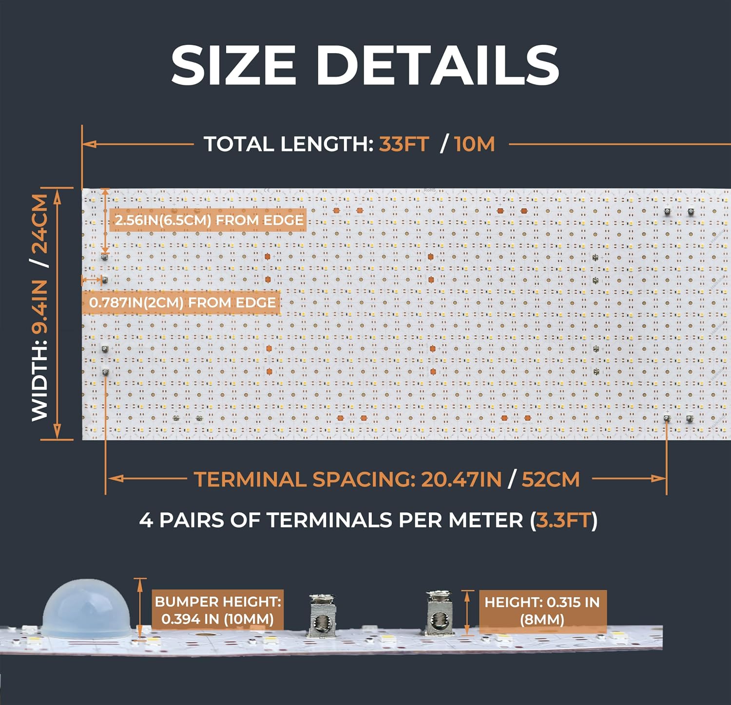 33ft x 9.5in Ultra-Long LED Light Sheet Roll, 24V 3000K Warm White Dimmable Backlight Panel Board, 480W 10A Heavy-Duty Terminal for Large Onyx, Quartz Stone Countertop