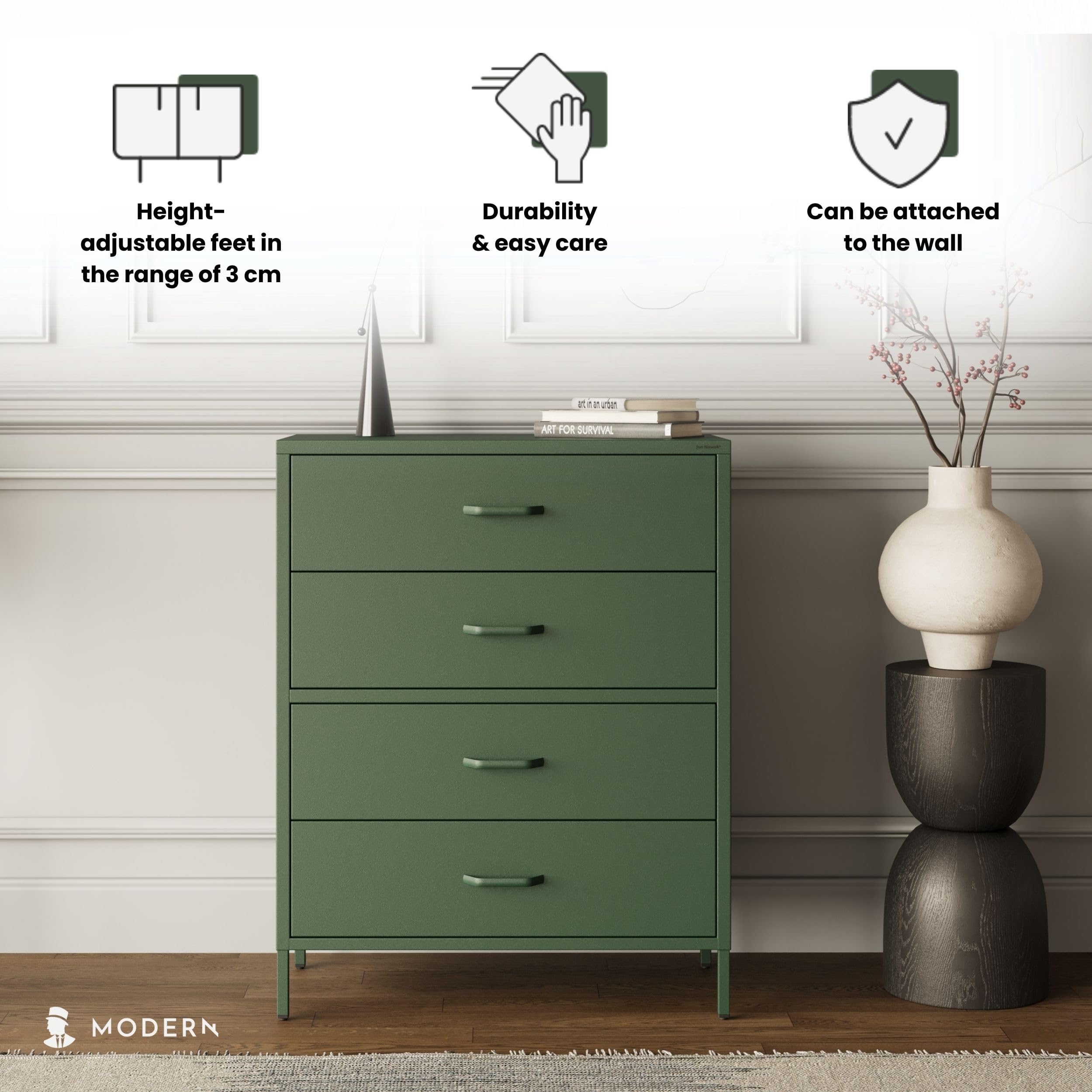 Jan Nowak Metall Kommode mit Schubladen - Carla | Komodenschrank für Schlafzimmer, Wohnzimmer, Kinderzimmer | Industrial Loft Style | Schubladenkommode Glitzernd | 80 x 101,5 x 40 cm | Flaschengrün