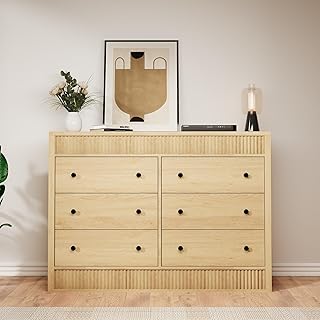 GarveeHome 6 Drawer Dresser for Bedroom, Wooden Fluted Chest of Drawers, Modern Oak Storage Organizer for Living Room, Hallway, Entryway, Natural Oak
