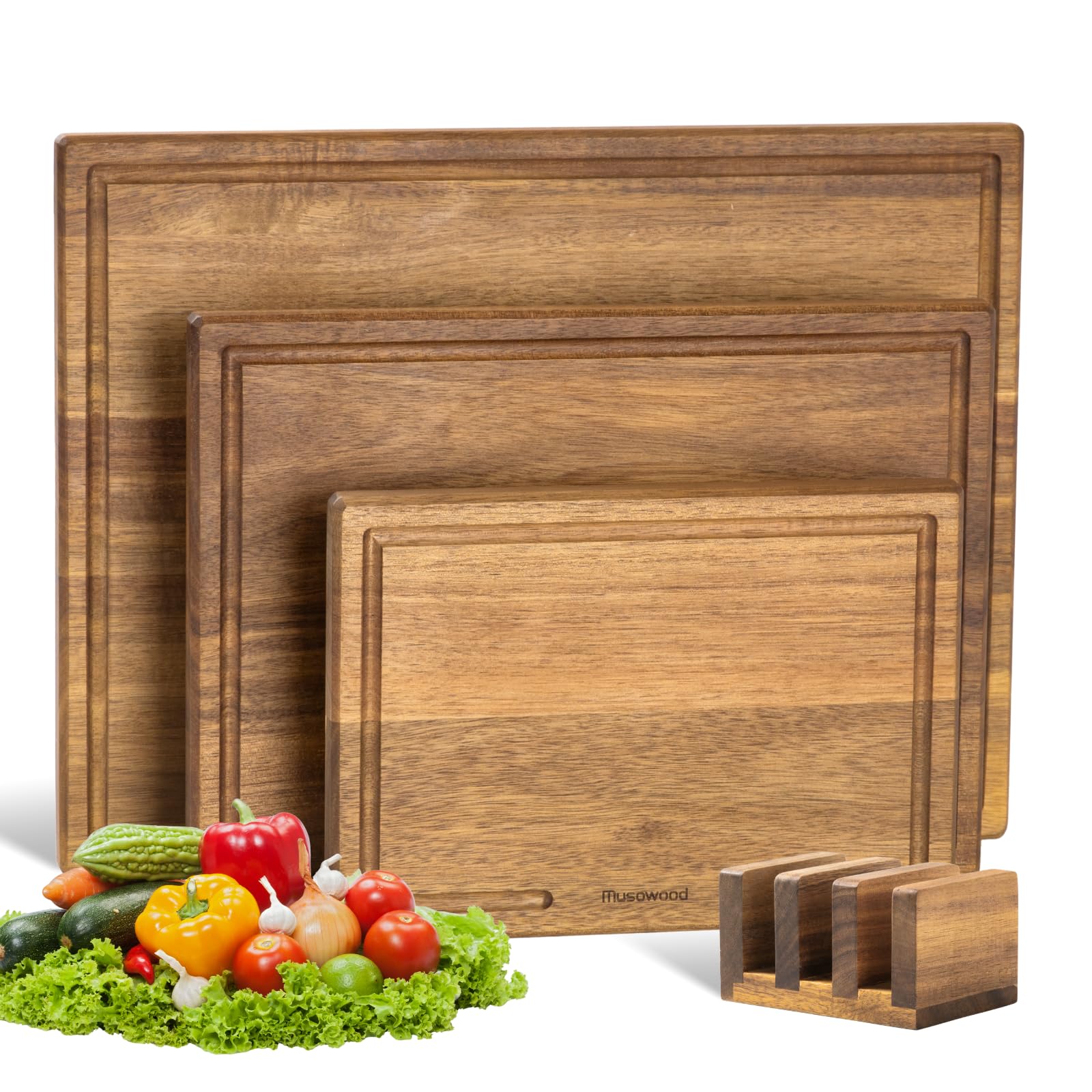 Muso Wood Schneidebrett-Set Akazie Holz 3-teilig mit Ständer (40x30 / 33x24 / 25x18cm) - 2cm Dicke, Saftrille, Messerschonend - Ideales Einweihungsgeschenk
