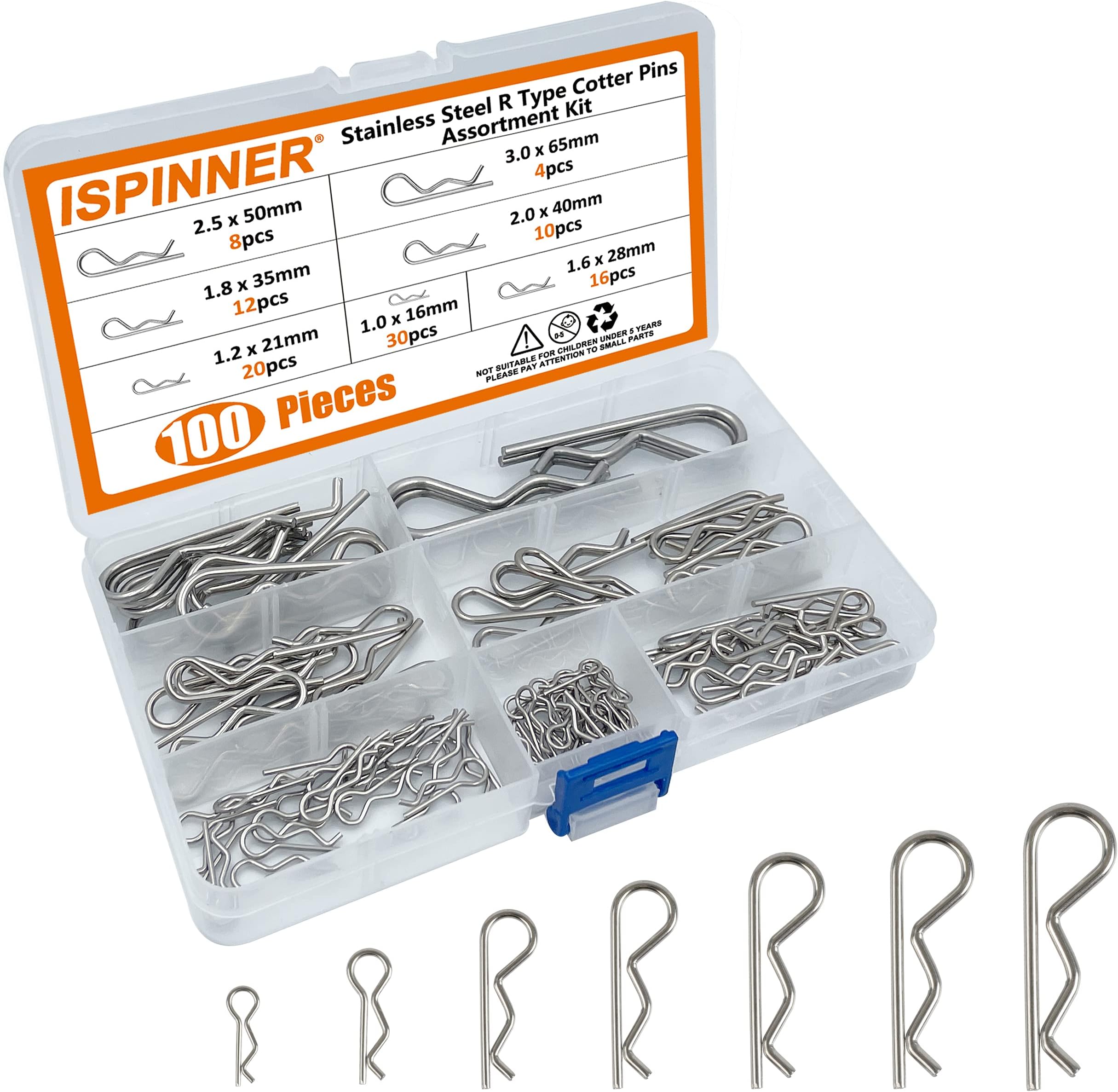 ISPINNER 100pcs 304 Stainless Steel Cotter Pins Assortment Kit, 7 Sizes R Clips for Hitch Pin Lock Systems
