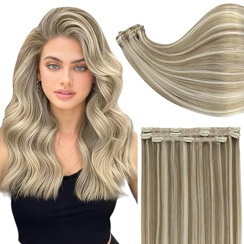 Full Shine - Extensiones de cabello humano real con clips, 20 pulgadas, rubio oscuro con reflejos rubio platinado, cabello Remy lacio y largo, 2.11