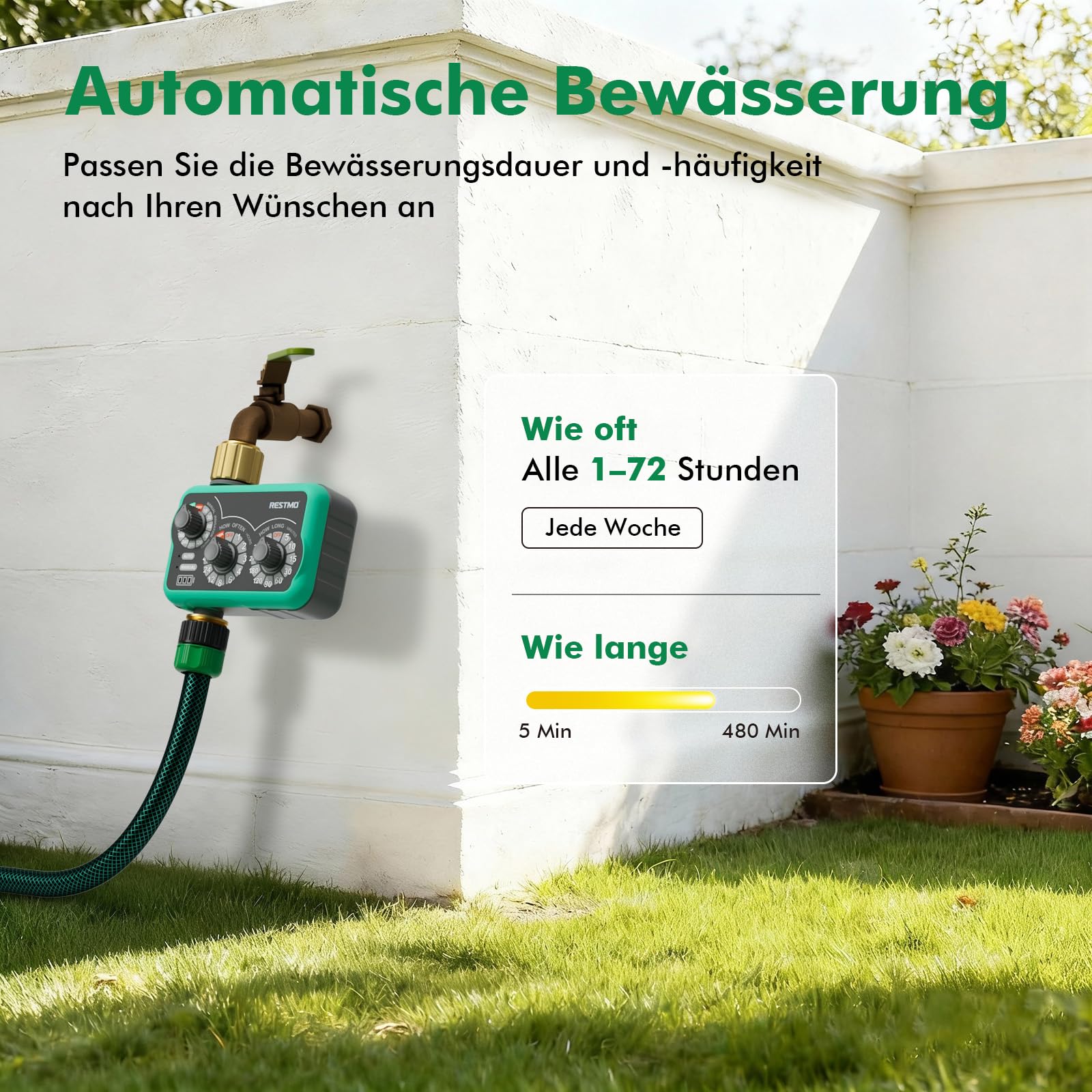 RESTMO Mechanischer Bewässerungscomputer mit 3 Drehreglern, Messing Einlass & Auslass, Zeitschaltuhr für Gartenschlauch, automatisches Tropfbewässerungssystem, bis 480 min, einfache Einrichtung