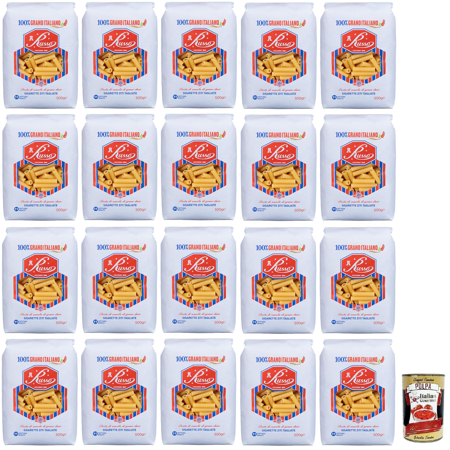 Russo Sigarette Ziti Tagliate N°125 Pasta de sémola de trigo duro, 100% trigo italiano, paquete de 500 g + lata de 400 g de Polpa di Pomodoro italiana