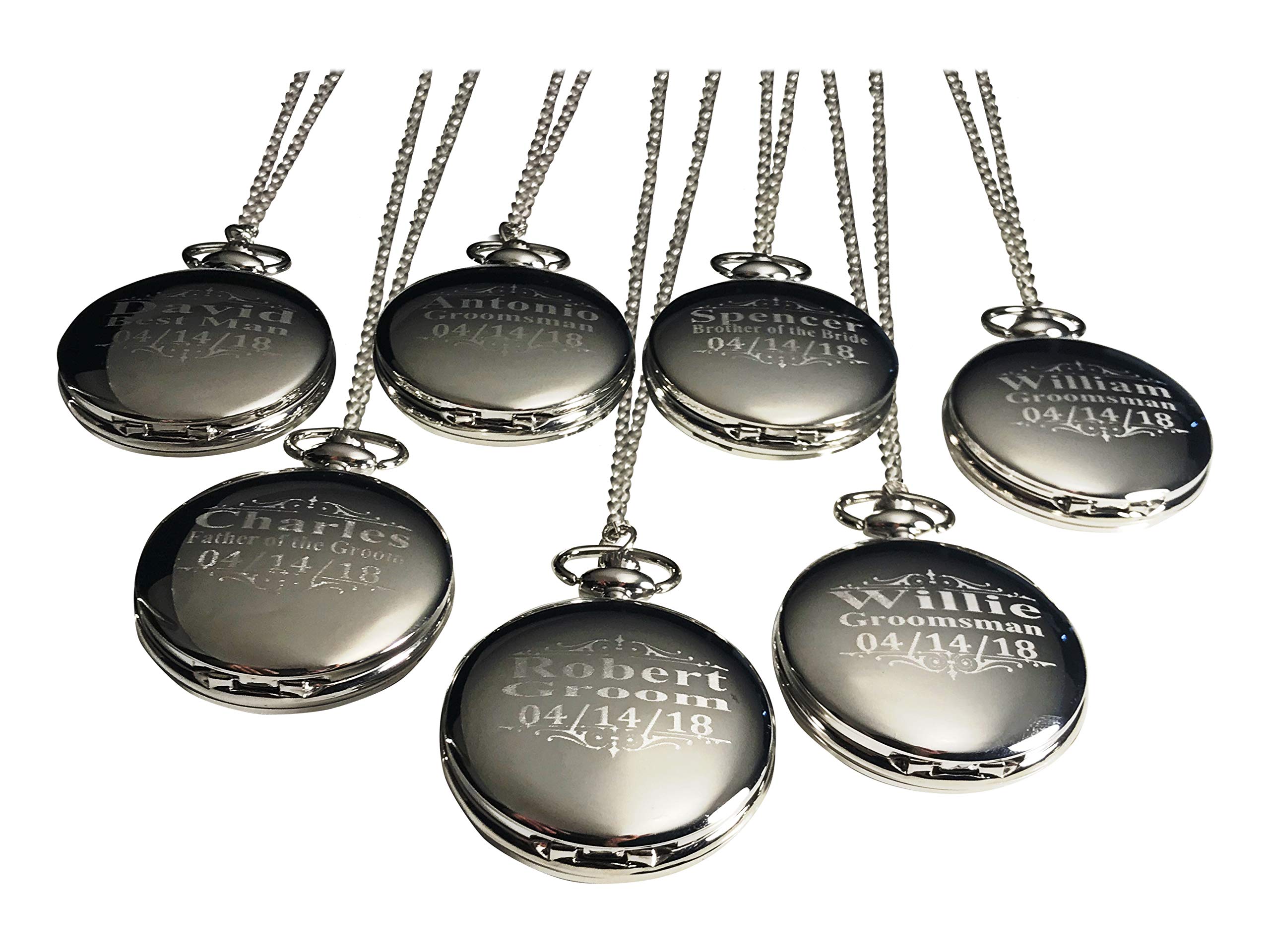 9 Custom Engraved Pocket Watches - 9 Gift Set for Weddings - Groomsmen and Best Man Personalized Watches with Chain, Box & Engraving Included (Rose Gold)