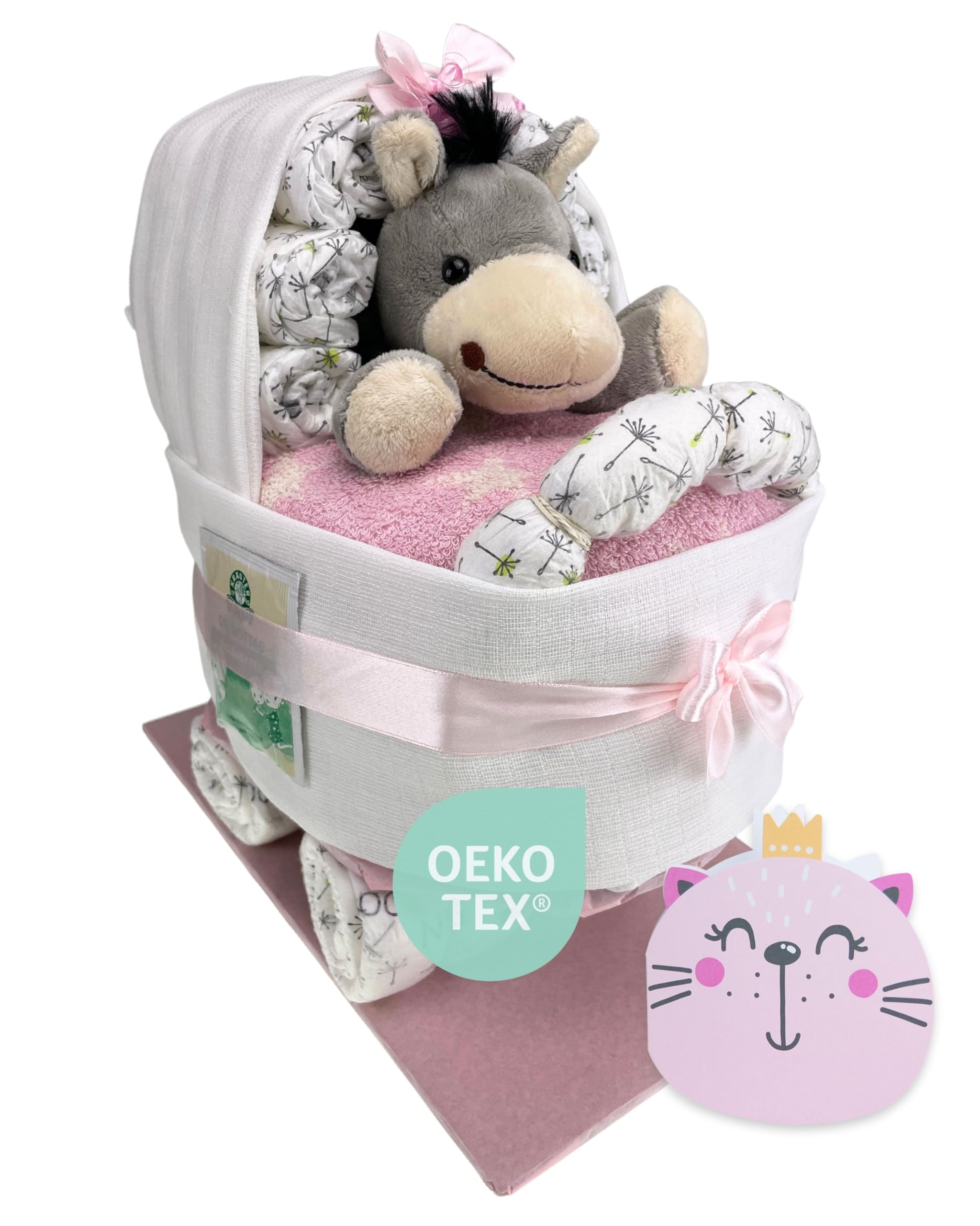 myBambini ® Torta di pannolini - Passeggino con peluche – regalo per nascita – baby shower – puller party (rosa) Regalo per la nascita - Salviette umidificate - Fazzoletti per il ruttino