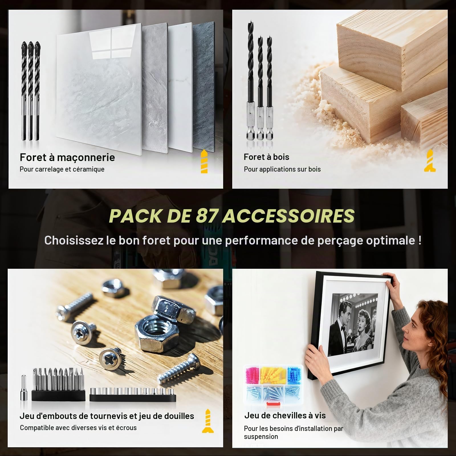 Perceuse Visseuse Sans Fil Brushless 21V, Perceuse Percussion 60 Nm, 2 Batteries 2.0Ah, Mandrin Métal 10 mm, 2 Vitesses 25+3 Couples, Visseuse Dévisseuse avec 87 Accessoires Bricolage (Jaune)