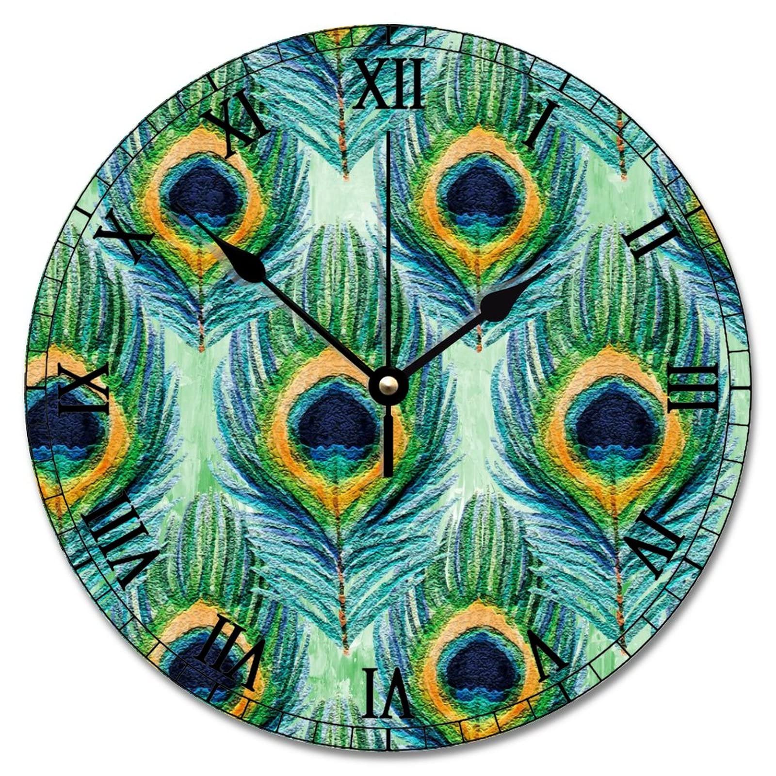 Horloge murale paon silencieuse à quartz de 30,5cm pour chambre à coucher