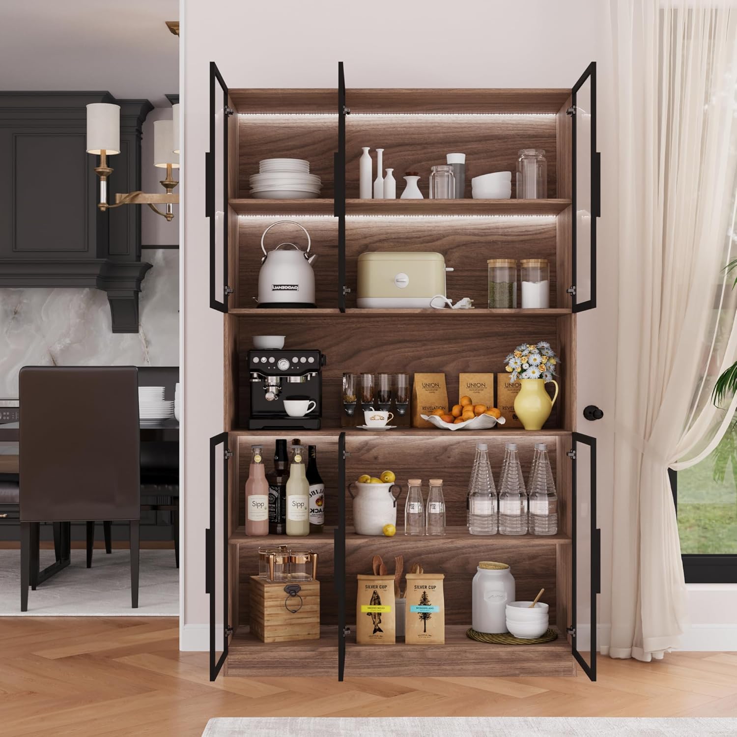 Bobve 78.7" H Display Cabinet with 6 Glass Doors and APP Control LED Lights,Storage Cabinets Modern Bookcase with Hutch for Collectible,Display Case/Glass Curio Cabinets for Living Room,Walnut