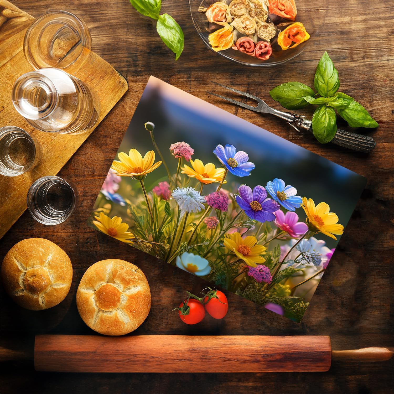 Wildflowers Floral Pattern Flower Love Kitchen Glass Cutting Board Decorative Valentine's Mother's Day Gift For Her Flowers (Wildflowers)