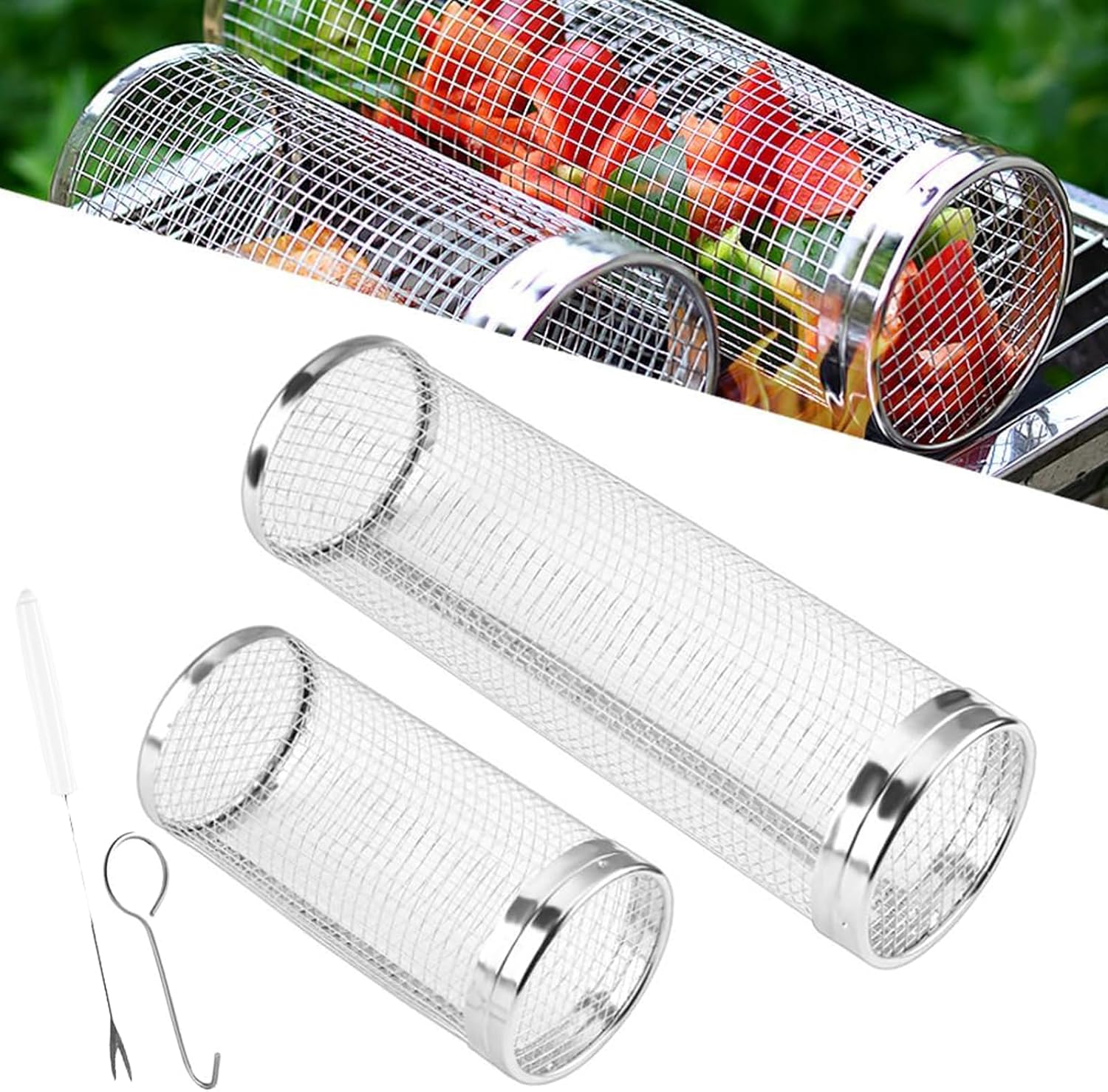 Generic Rolling Grill Baskets for Outdoor Grill, Grill Nets for Grill Vegetable, Barbecue Stainless Steel Wire Mesh Cylinder, Grill Baskets for Outdoor Grill, Gift for Men Dad Husband Him