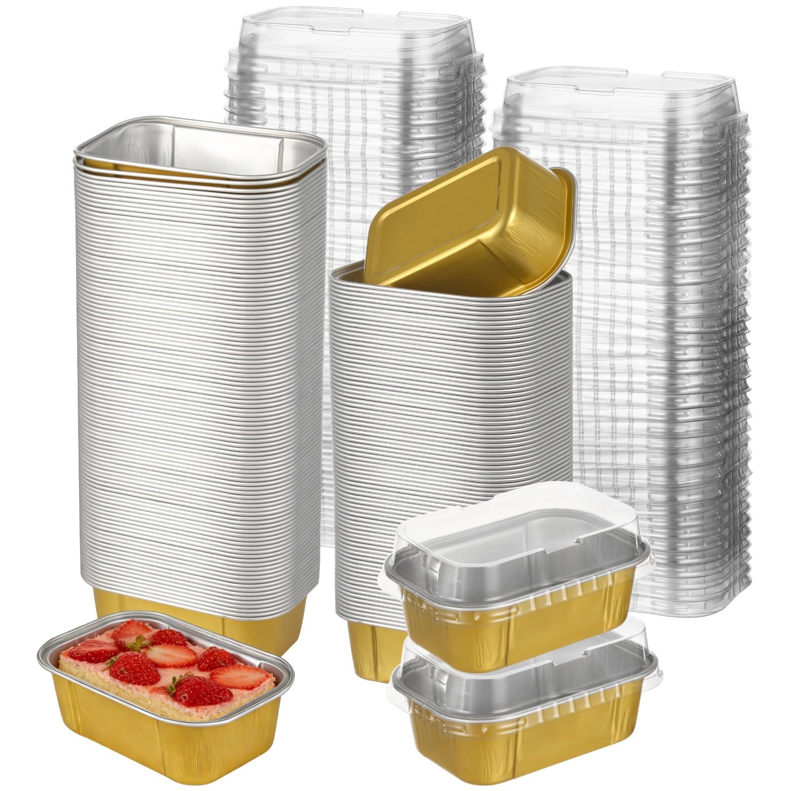 Lot de 100 moules à gâteau jetables en aluminium avec couvercles, 161,6 g, mini moules à pain rectangulaires dorés, récipients individuels en étain pour la cuisson, le rôtissage, le stockage