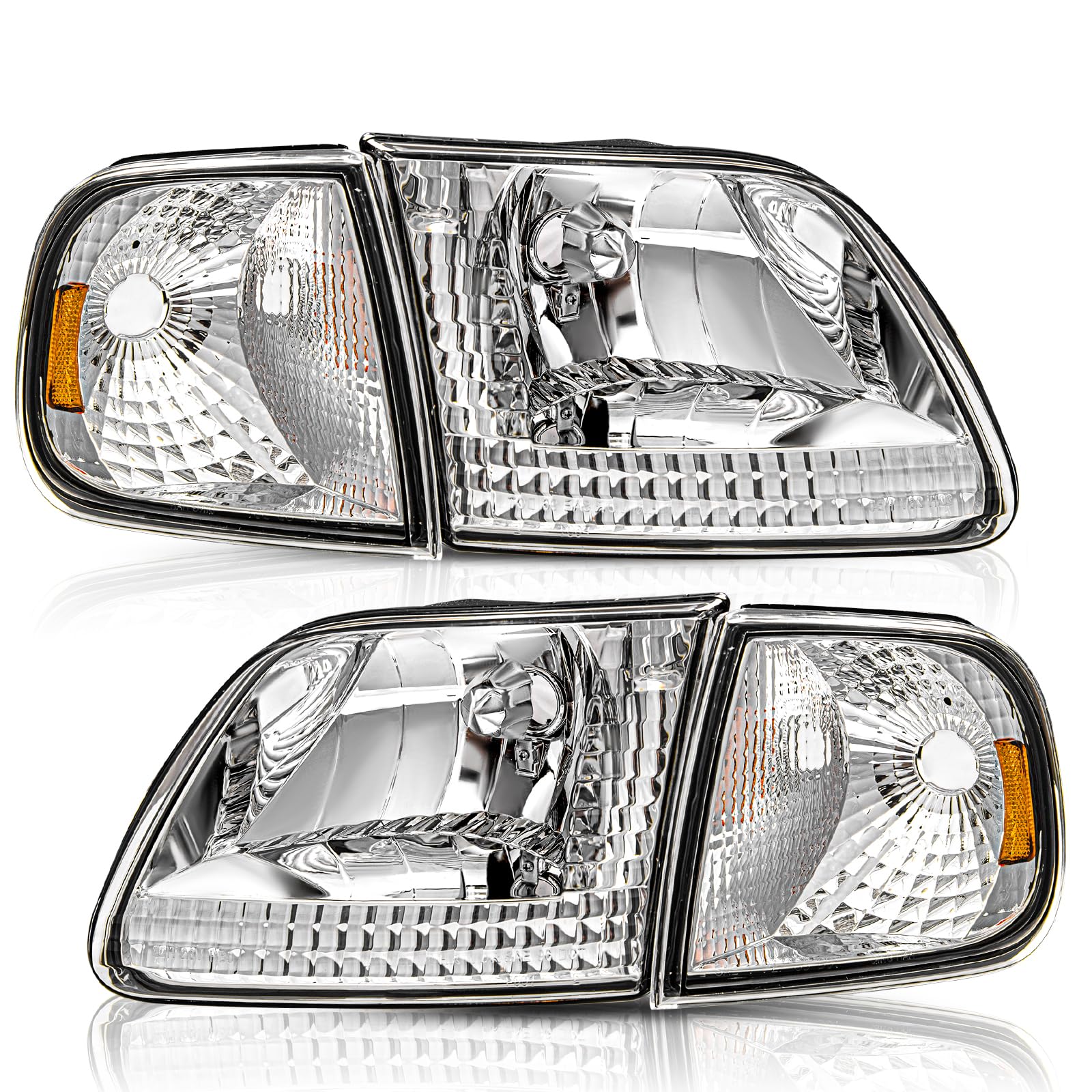 TUSDAR Headlight Assembly Compatible with 97-03 F150 04 F150 Heritage 97-02 Expedition 97-99 F250 w/Corner Lights 4pcs, Chrome Housing with Amber