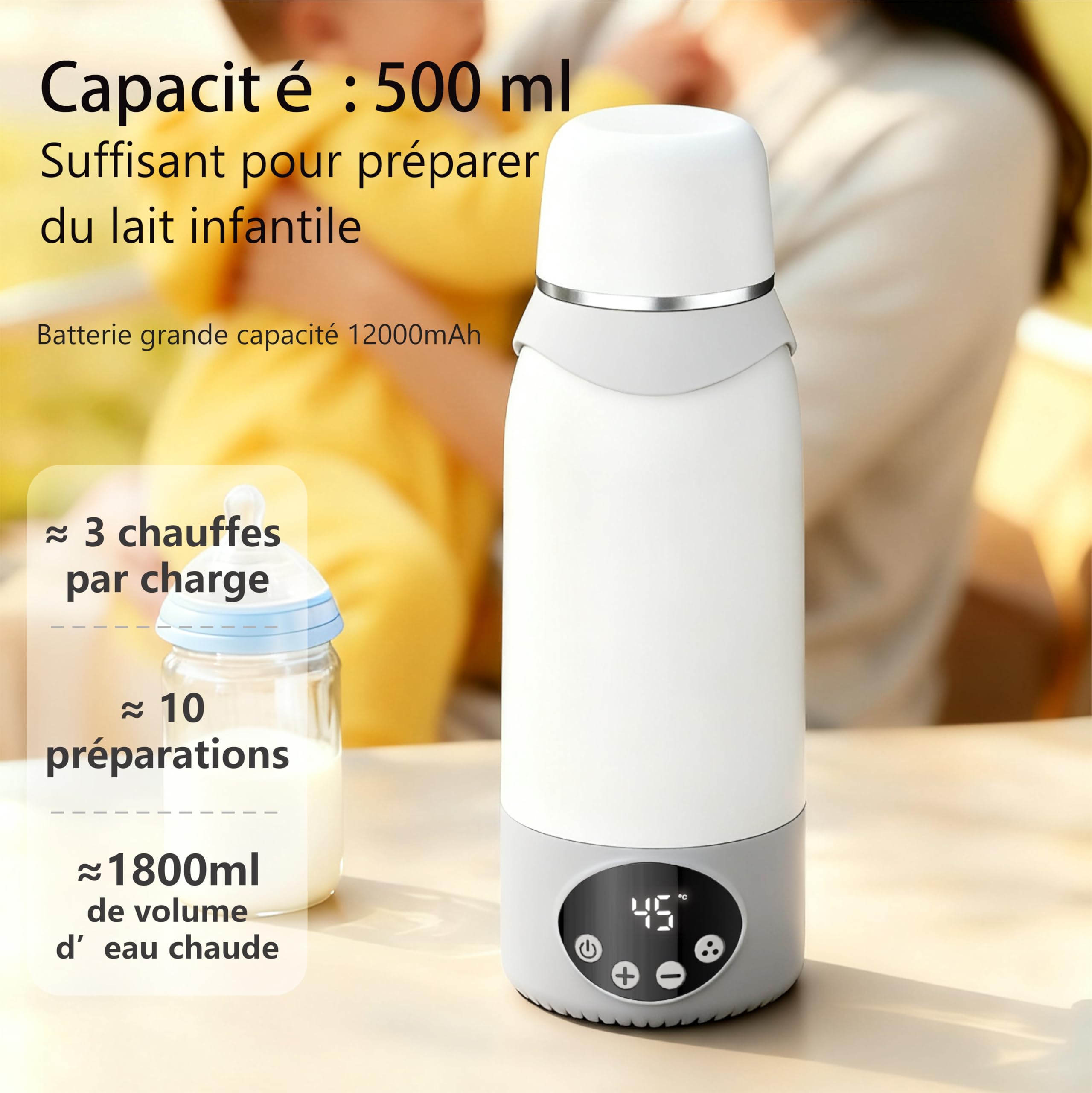 Chauffe Biberon Portable Sans Fil 500ml, Batterie 12000mAh, Chauffe Rapide 3 Min, Température Réglable 37-100°C, Rechargeable Type-C, Inox 316L, Idéal Voyage/Voiture/Nuit