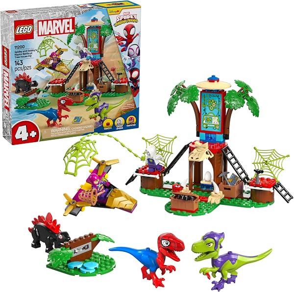 LEGO Marvel Spidey and His Amazing Friends Spidey and Gobbys Raptor Battle at Tree House HQ - Dinosaur Building Toy for