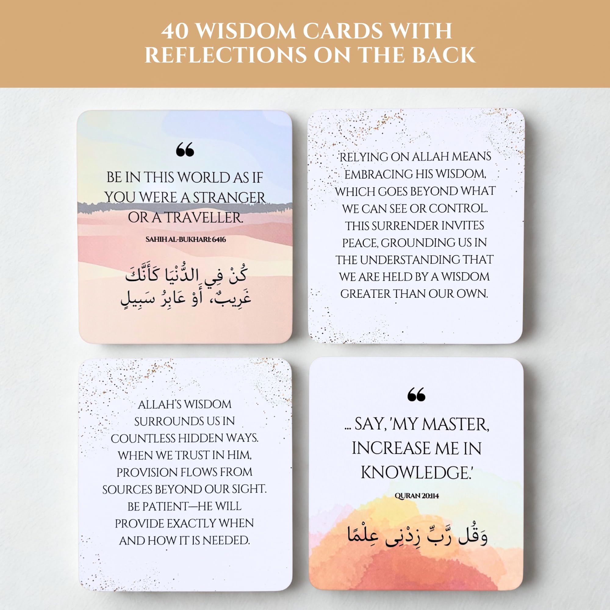 Islamic Wisdom Cards – Beautiful Gift Set with 40 Quran & Hadith Based Quotes for Spiritual Reflection, Ramadan & Eid | Premium Box + Wooden Stand