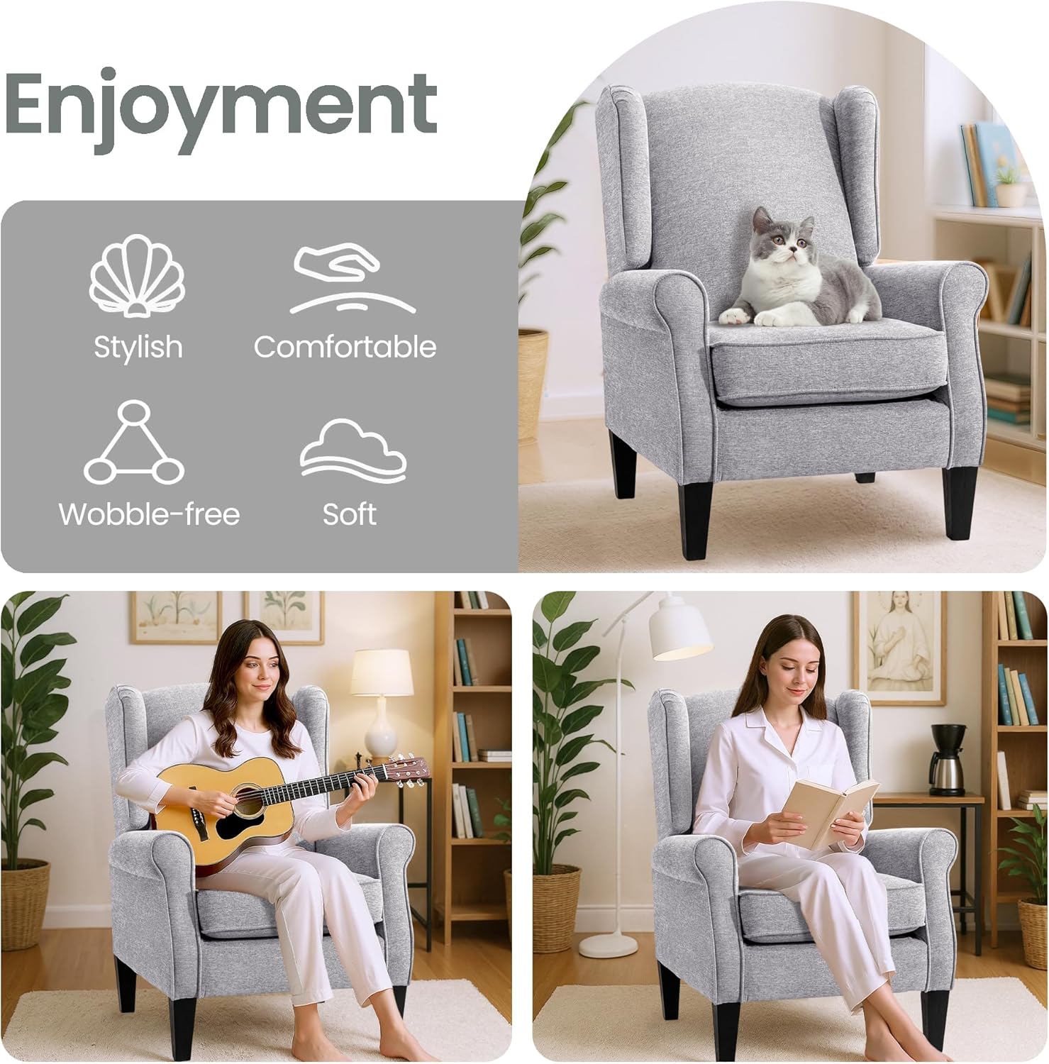 Modern Accent Chair, Fabric Armchair with High Back & Sturdy Legs, Comfy Single Sofa Chair for Bedroom, Living Room, Reading & Balcony