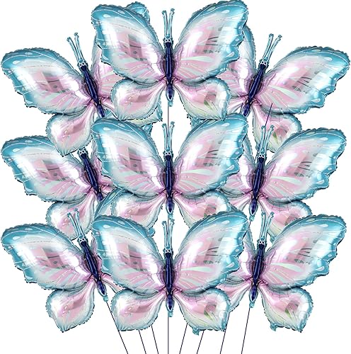 Poen 12 globos de mariposa de 39.4 pulgadas, degradado, rosa, azul, mariposa, globos de aluminio, globos de fiesta gigantes, decoraciones de