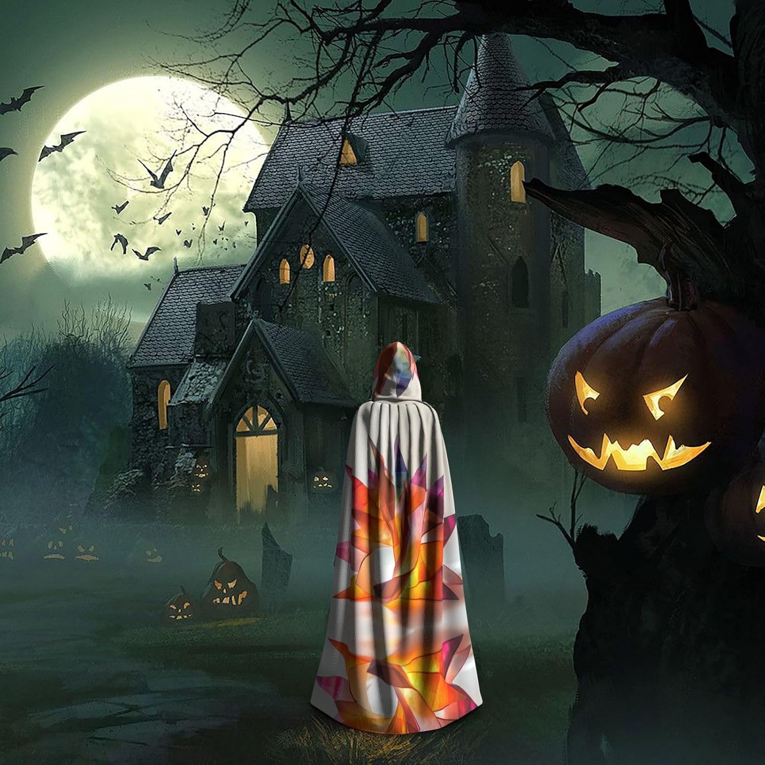 Colorful paper cutting Patterned hooded cape, robe Cosplay costume for men and women, Halloween adult role play costume