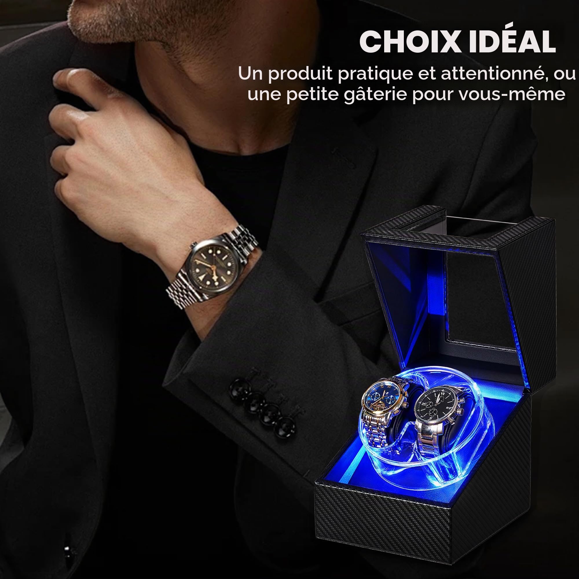 ANWBROAD Remontoir Pour Montres Automatiques, 4 Modes Boîte Double Remontoir Automatique Avec Design en Cristal LED, Boîtier Rotatif Avec Moteur Ultra Silencieux et Adaptateur Type-C JWW007C
