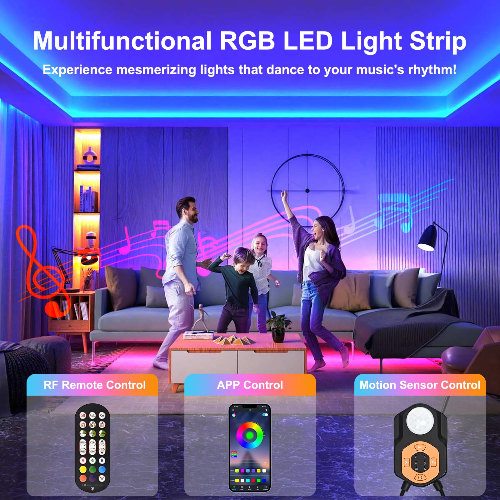 Lote de 2 tiras de luz LED con sensor de movimiento de 3 m 3 m | 3 modos | Sincronización de música | Temporizador | Cambio de color RGB | Control remoto y aplicación | Luz nocturna LED