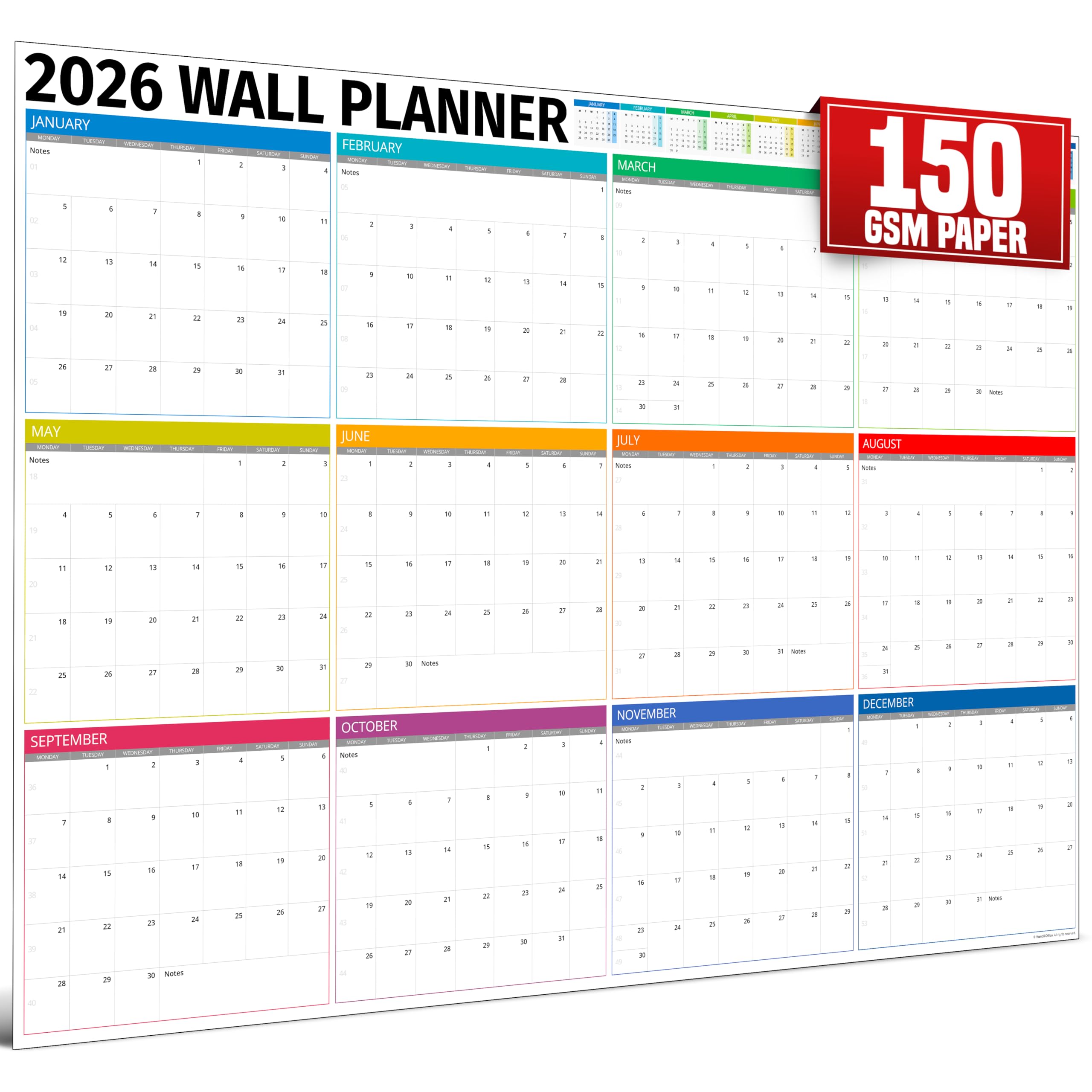 Planificador de pared 2026 Reino Unido, tamaño A1, extragrande, 84 x 60 cm, calendario familiar para el hogar, oficina, calendarios de profesores y organizadores personales, edición de cajas plegadas